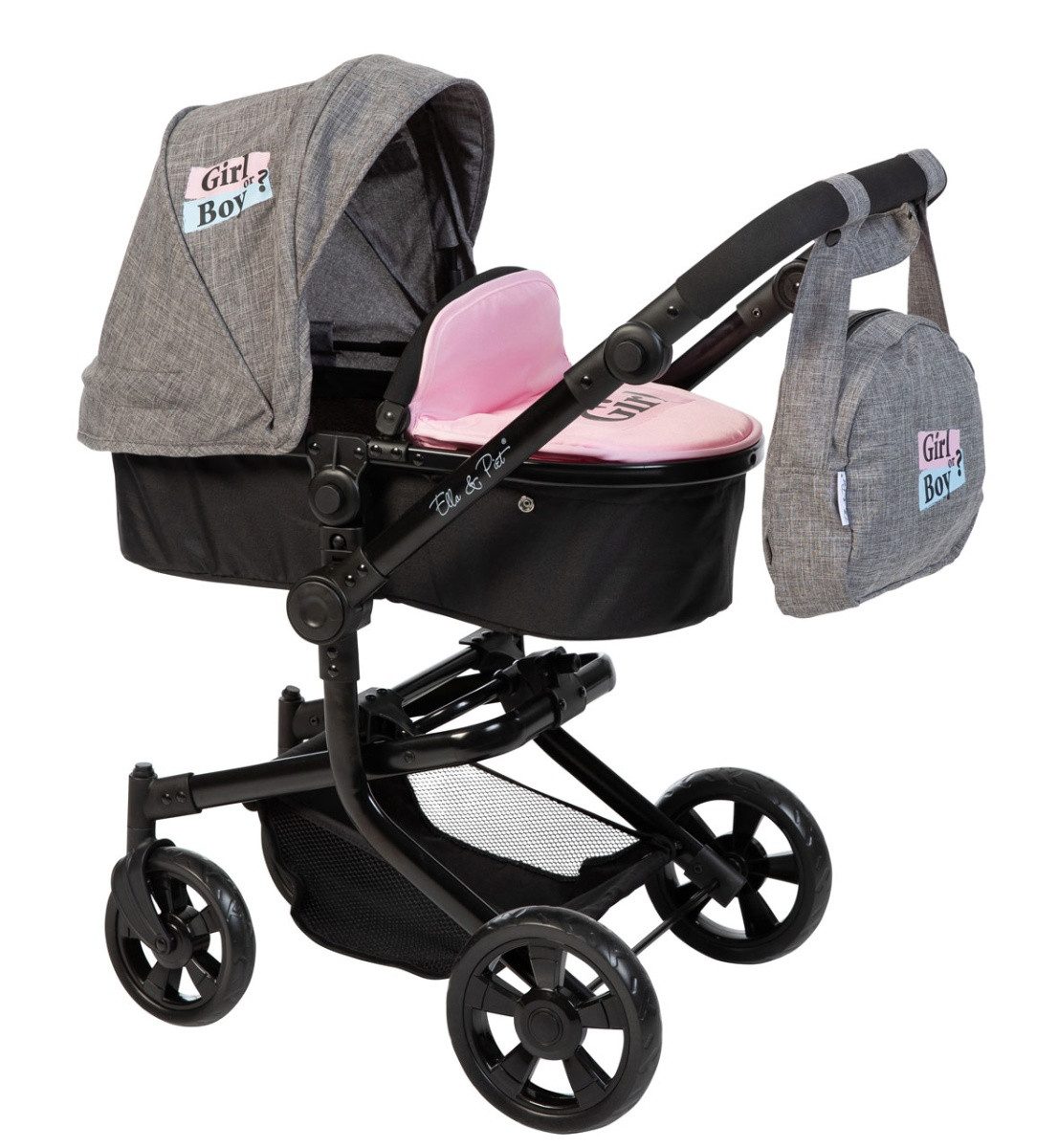 ELLA & PIET® Kombi-Puppenwagen Puppenwagen MOOVE4 mit wechselbarer Winddecke 2in1 (Schwarz-Grau), Puppenbuggy, Kinderwgen für Puppen – Bild 4 von 5