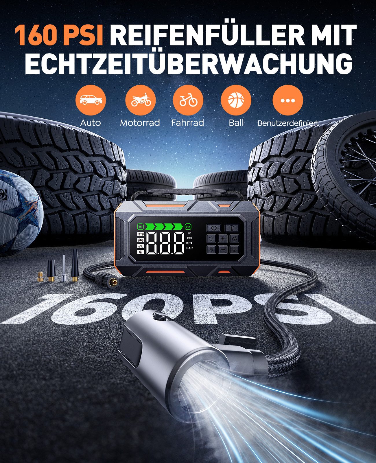 Buture 14-In-1 7000A Starthilfe Powerbank fürs Auto 26800mAh Starthilfegerät, 5 LED-Licht, Reifenreparaturset, Notfallhammer – Bild 3 von 5
