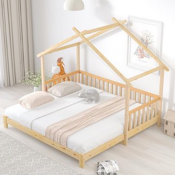 SOFTWEARY Kinderbett Ausziehbett mit Lattenrost und ausziehbarer Liegefläche (90x200 cm/180x200 cm), Hausbett, Kiefer