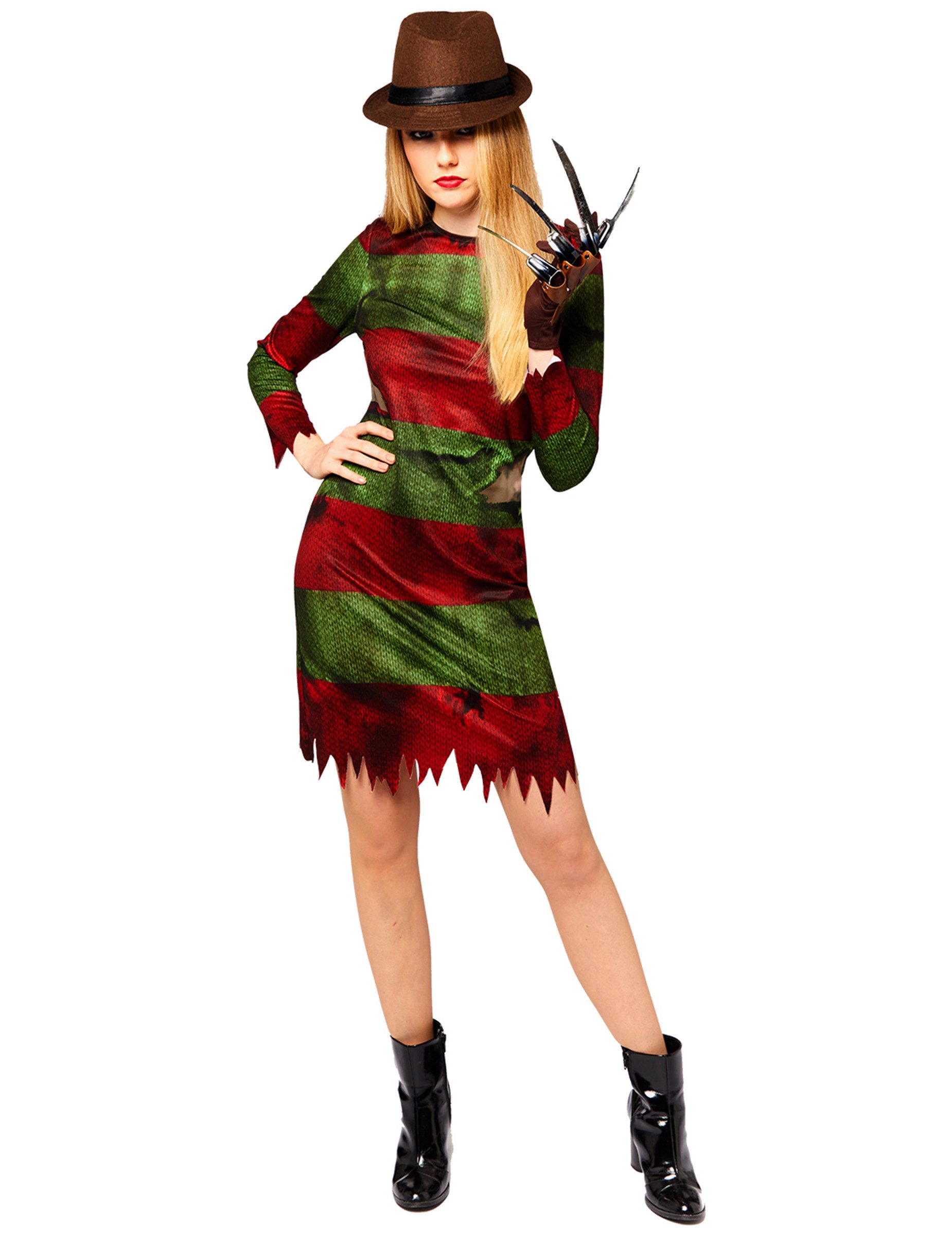 Riethmüller Kostüm Freddy Krueger Kostüm Damen Nightmare Horror Kleid Klauen