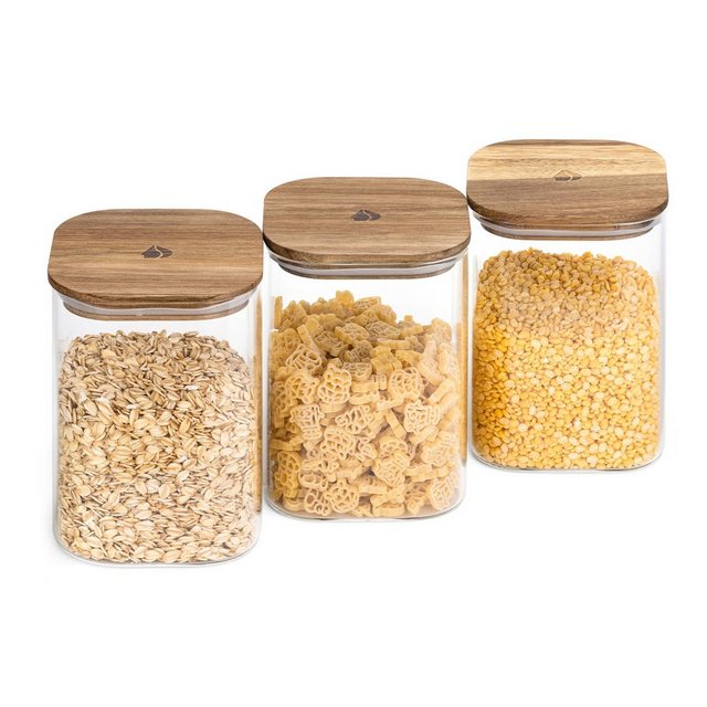 Navaris Aufbewahrungsbox, Behälter mit Deckel aus Holz – Glas Vorratsdosen Set 3-teilig für je 1000ml – Aufbewahrung Vorratsgläser für Lebensmittel – luftdicht