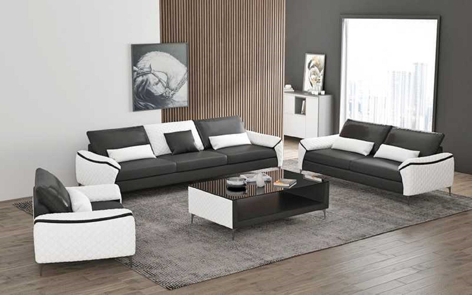 Schwarz Couchgarnitur Made 2+3 Wohnzimmer, in (3-St., Europe Nur Sessel), Komplette Wohnzimmer-Set JVmoebel Sitzer Sofa Sofa + Ledersofa Sofagarnitur