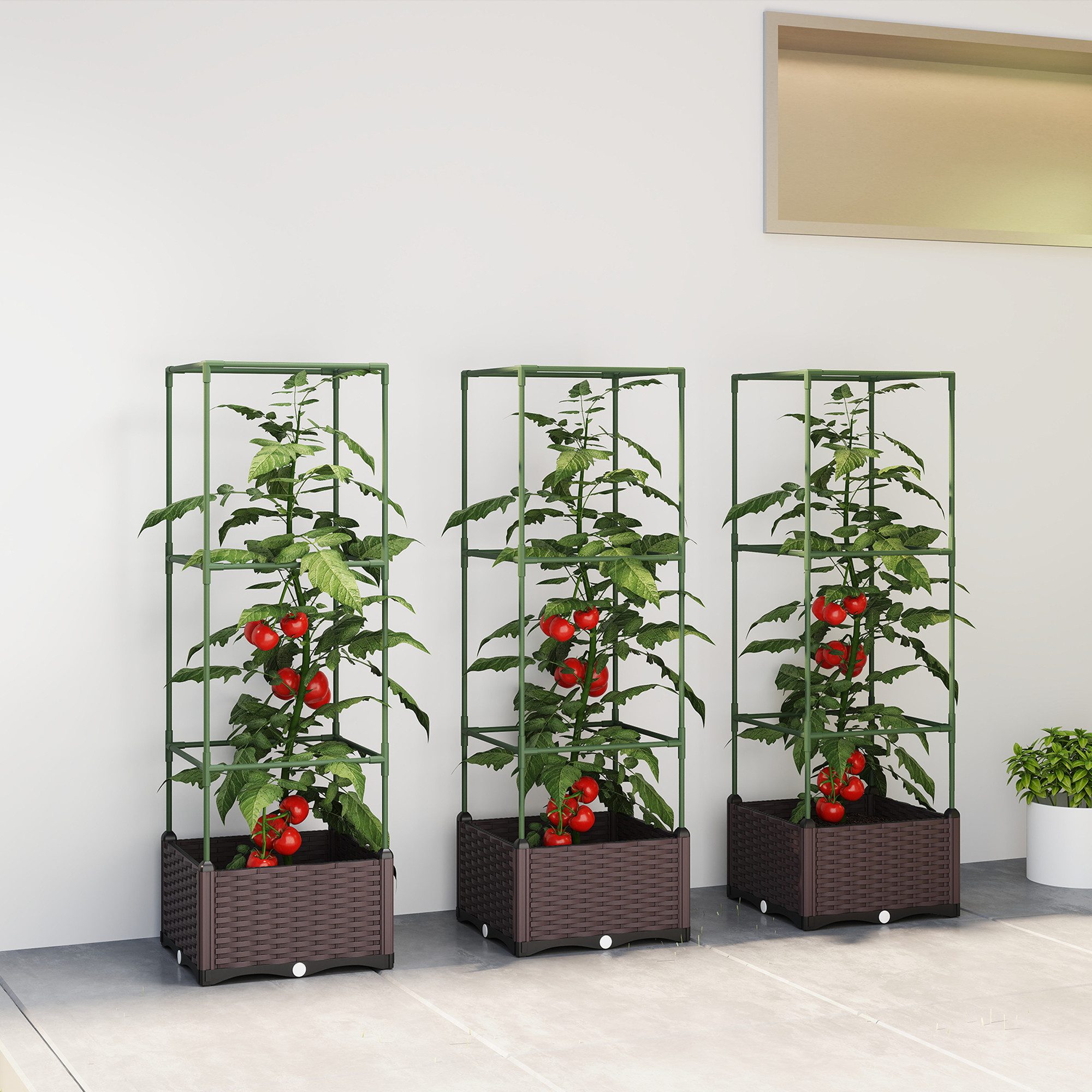 Outsunny Hochbeet Hochbeet mit Rankgitter 3er Set Blumenbeet mit Abflusslöchern (Blumenkasten, 3 St., Pflanzkasten), für Kletterpflanzen Garten, Balkon, 40 x 40 x 125 cm