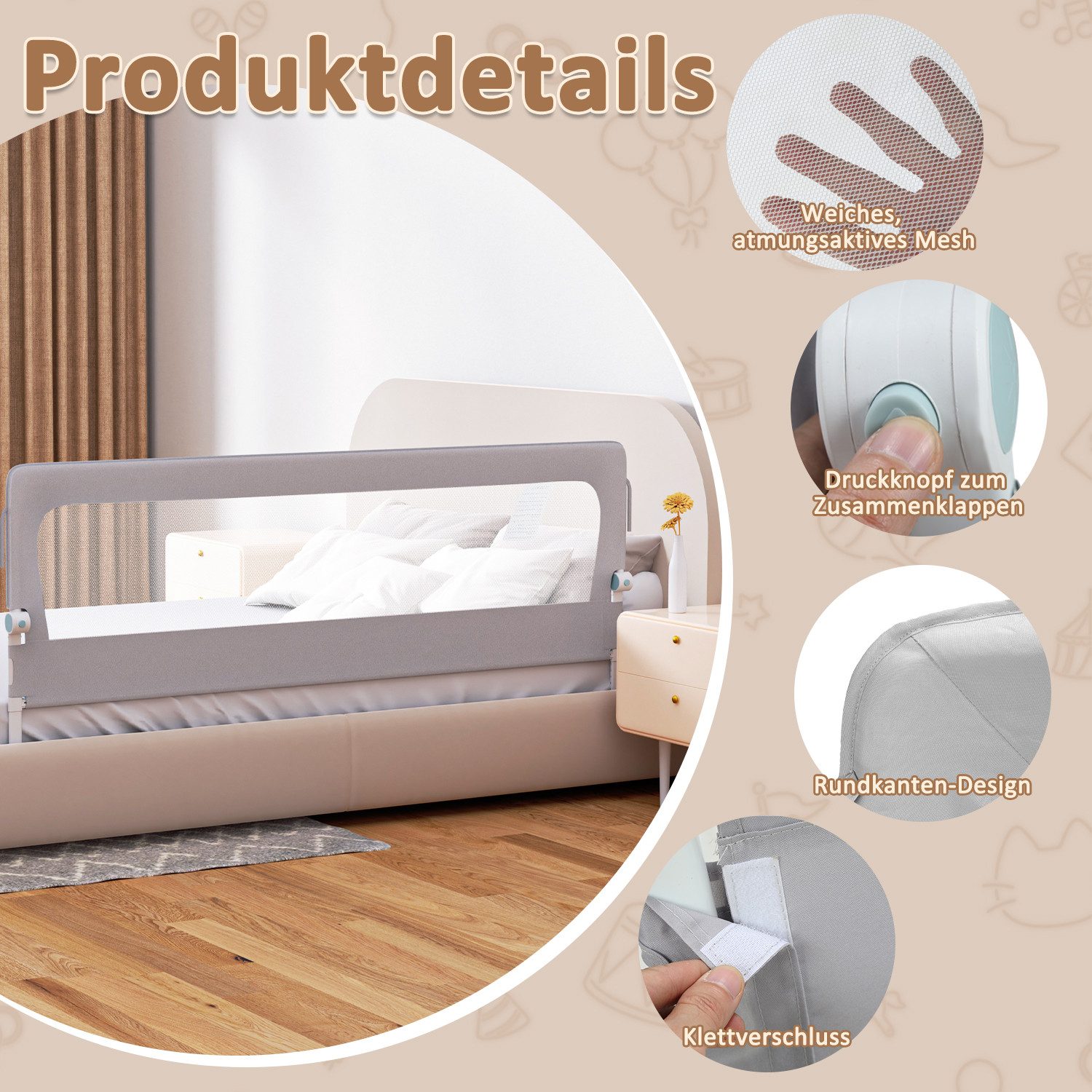 Clanmacy Bettschutzgitter Bettgitter Kinderbettgitter Babybettgitter Kinderbett Rausfallschutz (150cm), aus Metall – Bild 4 von 5