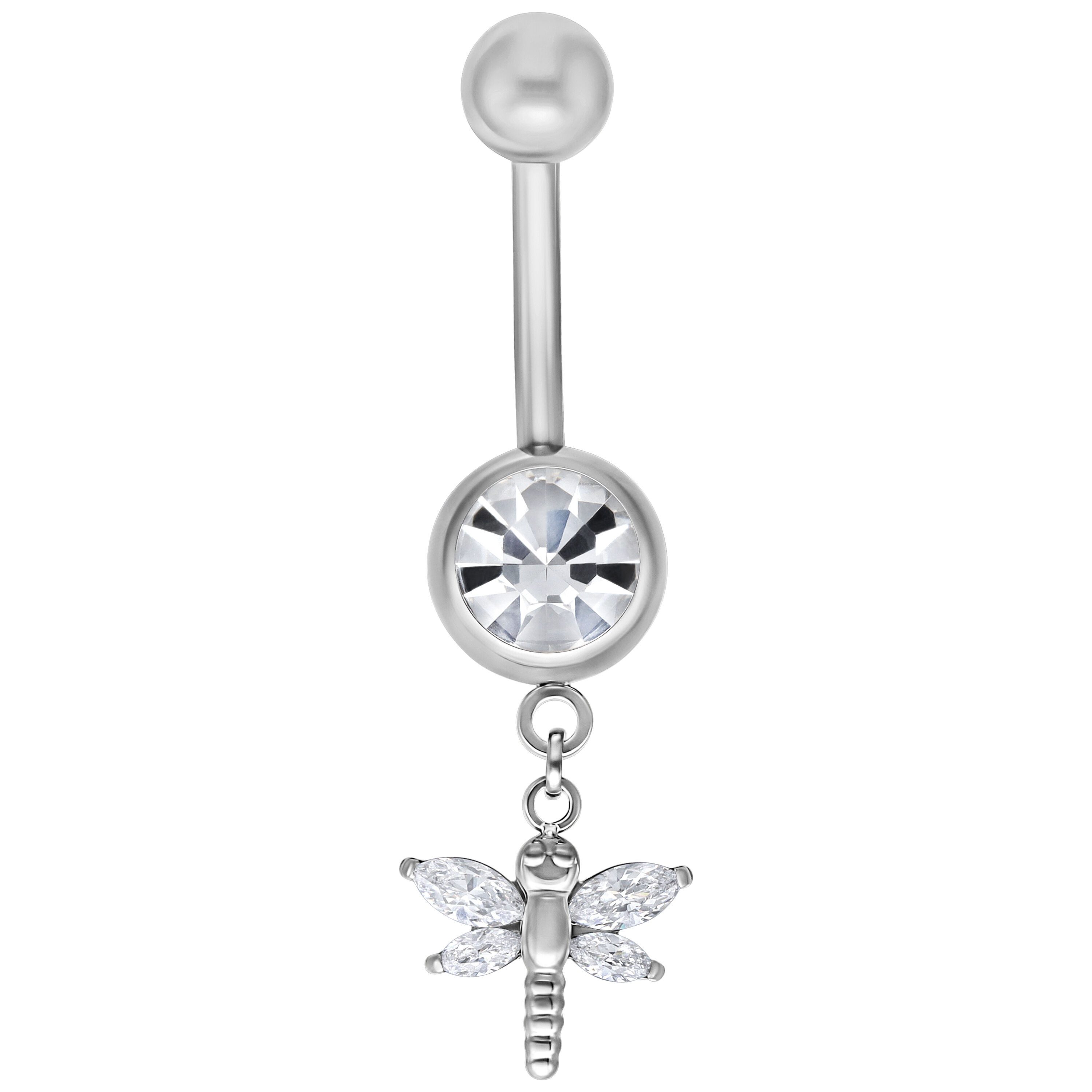 Wildcat Bauchnabelpiercing Dragon-fly Bananabell für Bauchnabel, 1 Stück, Titan Grad 23 - wasserfest, hautverträglich, Silber-Kristallklar