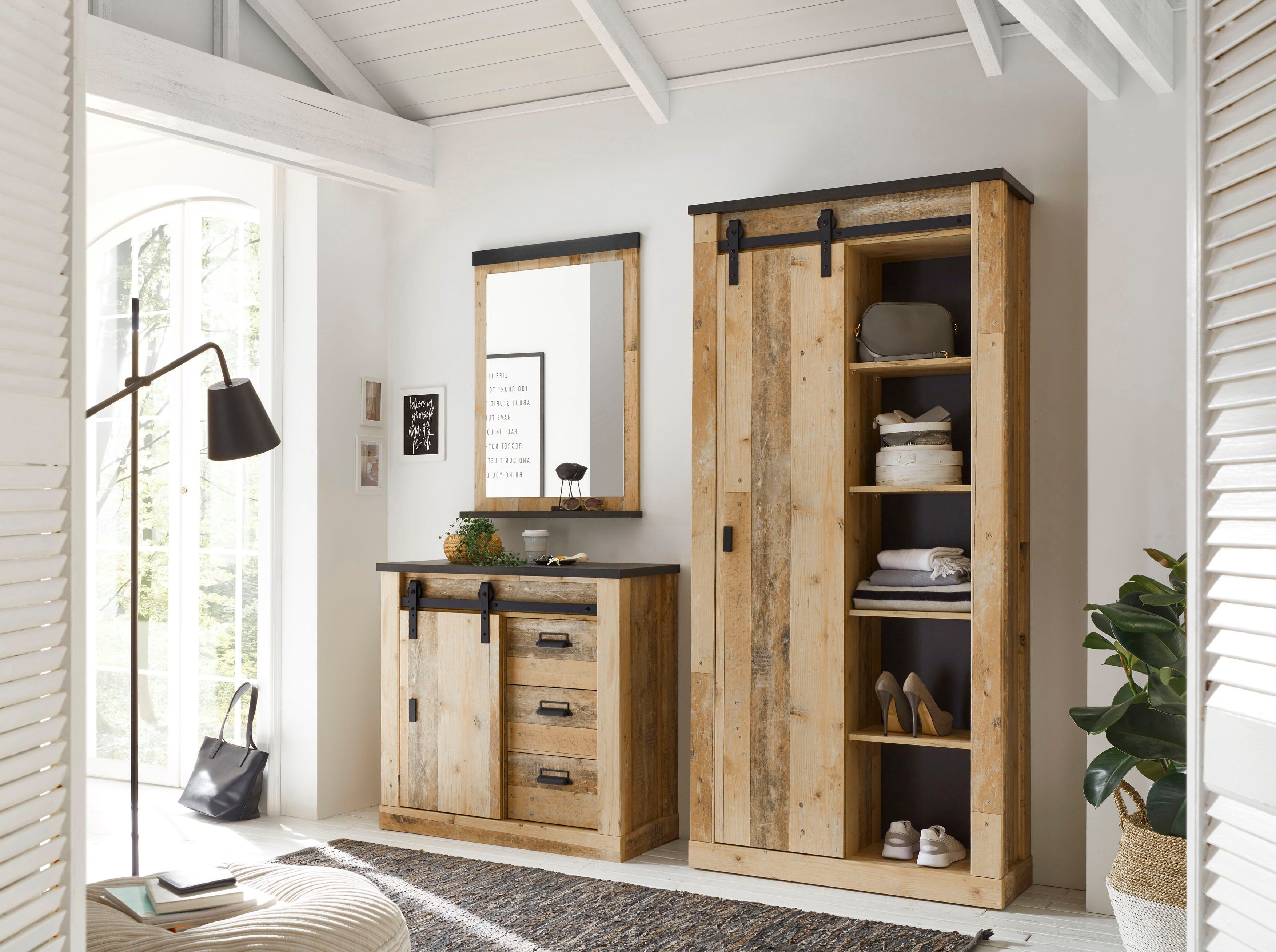 Home affaire Garderoben-Set SHERWOOD, (3-St), mit Scheunentorbeschlag, Apothekergriffe aus Metall