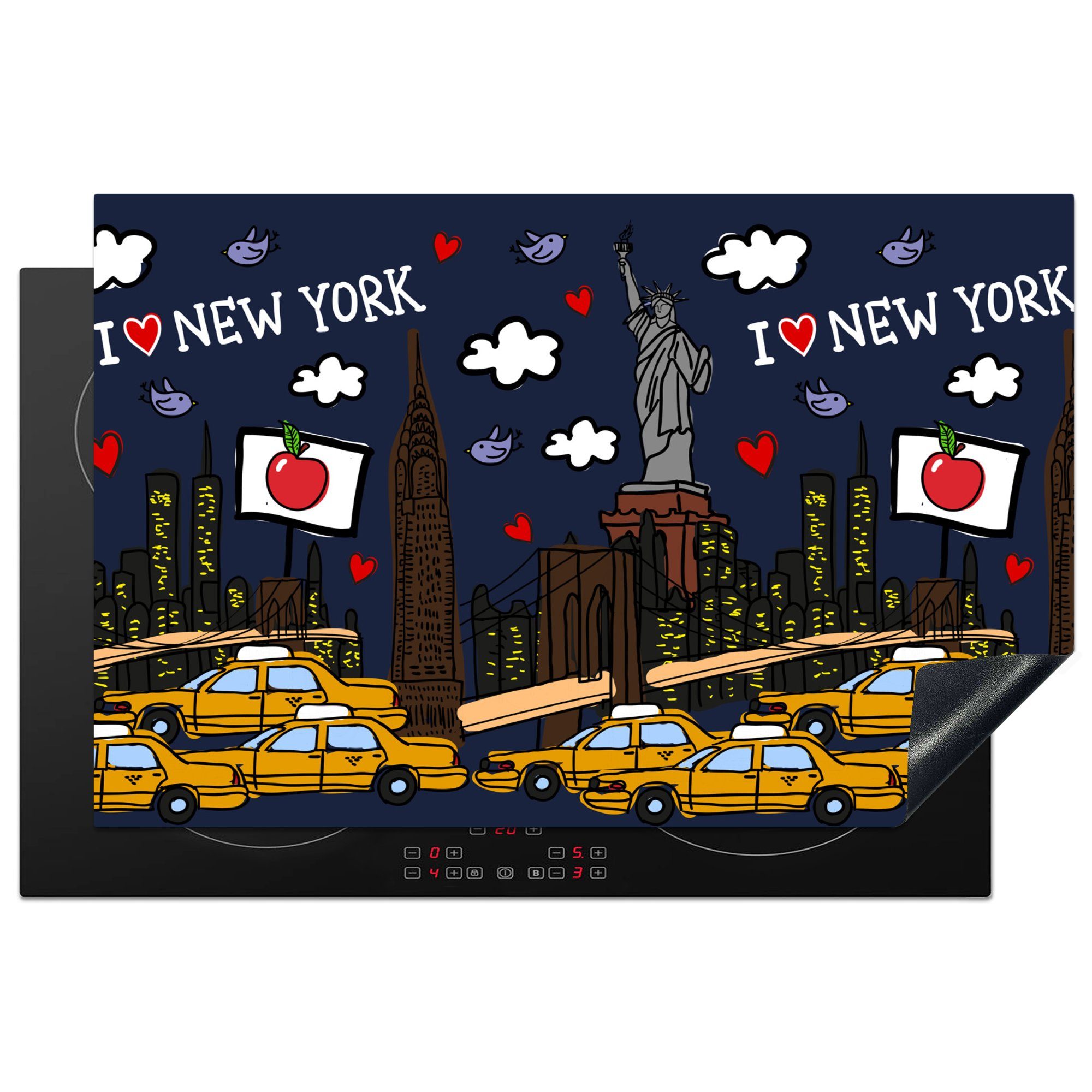 MuchoWow Herdblende-/Abdeckplatte New York - Taxi - Freiheitsstatue, Vinyl, (1 tlg), 81x52 cm, Induktionskochfeld Schutz für die küche, Ceranfeldabdeckung
