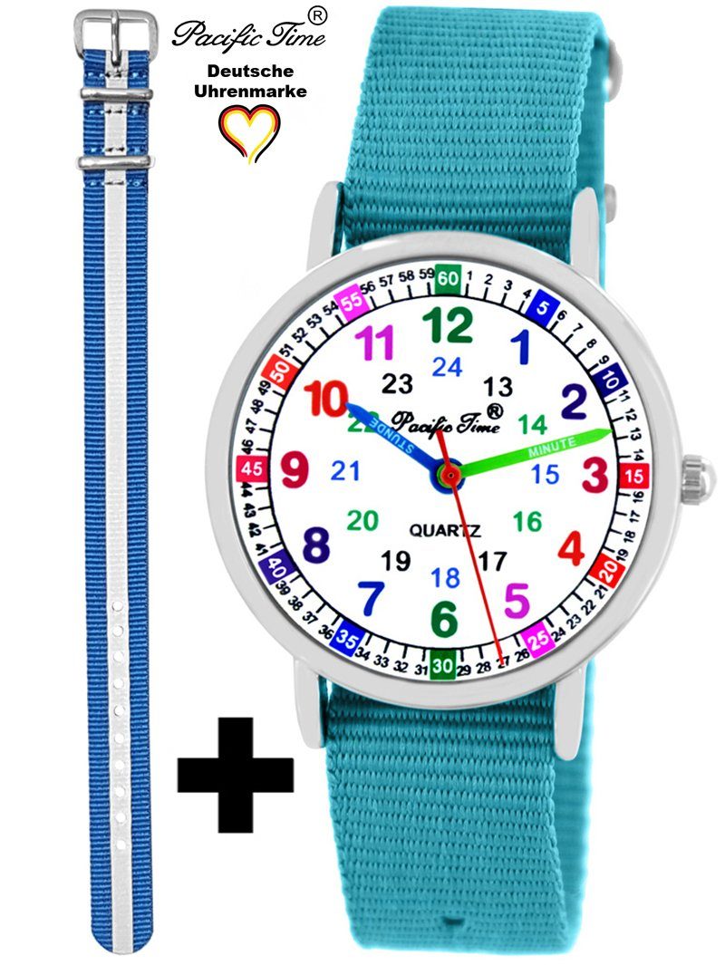 Pacific Time Quarzuhr Set Kinder Armbanduhr Lernuhr Wechselarmband, Mix und Match Design - Gratis Versand hellblau und Reflektor blau