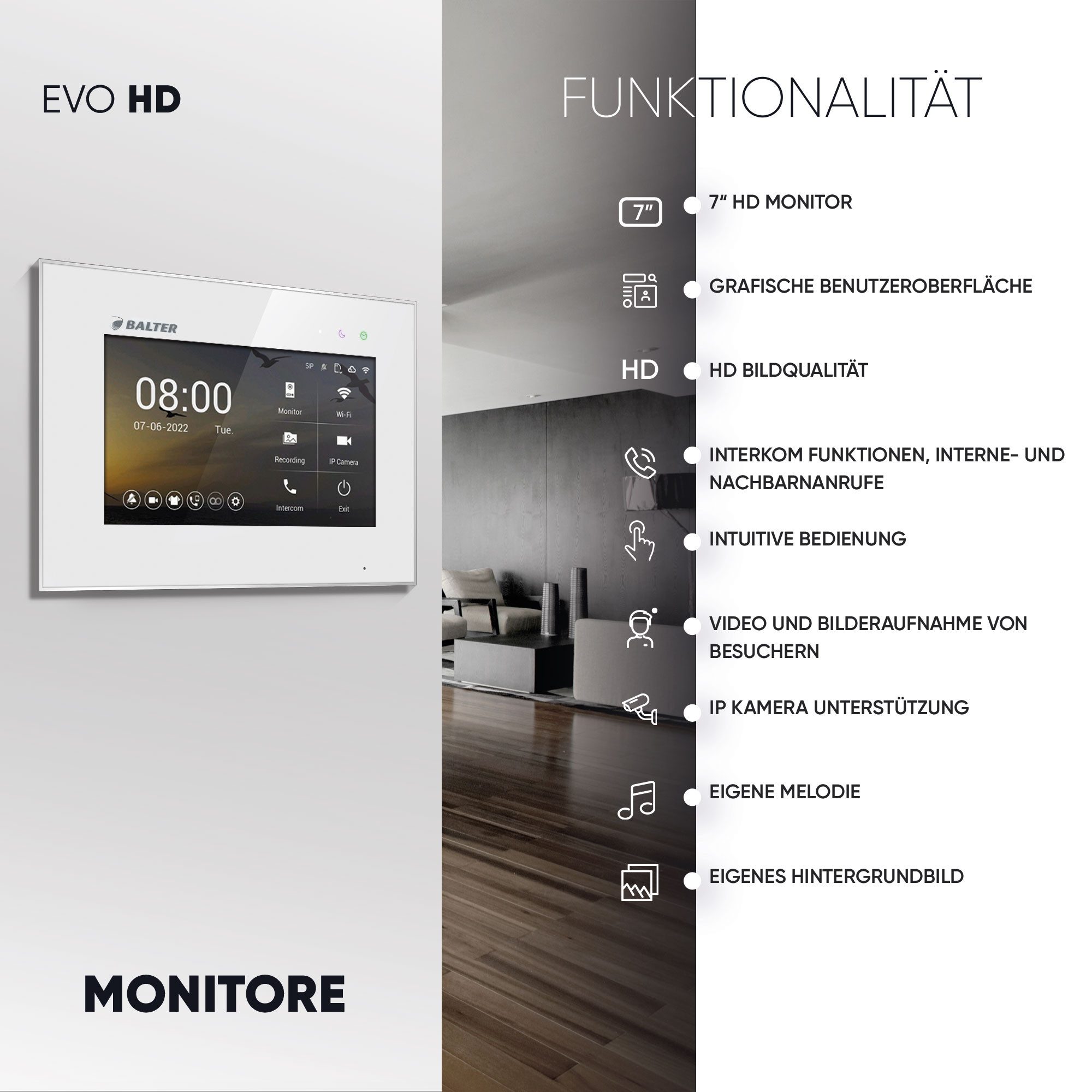 Balter Video-Türsprechanlage EVO HD Fingerprint und RFID für 1 Familienhaus, 1x Monitor (Einfamilienhaus, Komplettset, 3-tlg., Einfamilienhaus, Fingerprint, RFID, 2-Draht-Bus, Full HD Kamera 175° Ultraweitwinkel)