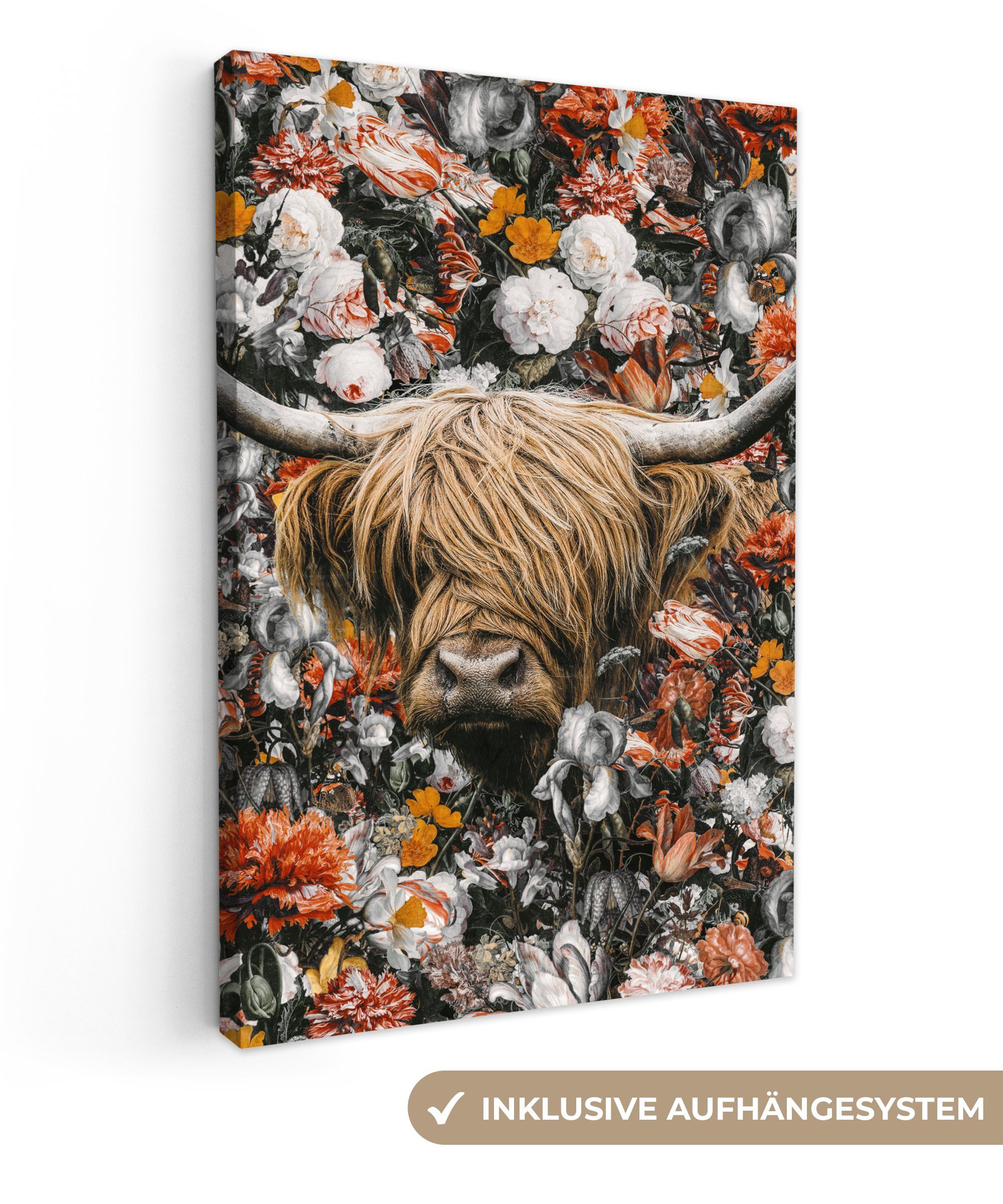 OneMillionCanvasses® Leinwandbild Schottische Highlander - Blumen - Rosen, (1 St), Leinwandbild fertig bespannt inkl. Zackenaufhänger, Gemälde, 20x30 cm | Leinwandbilder