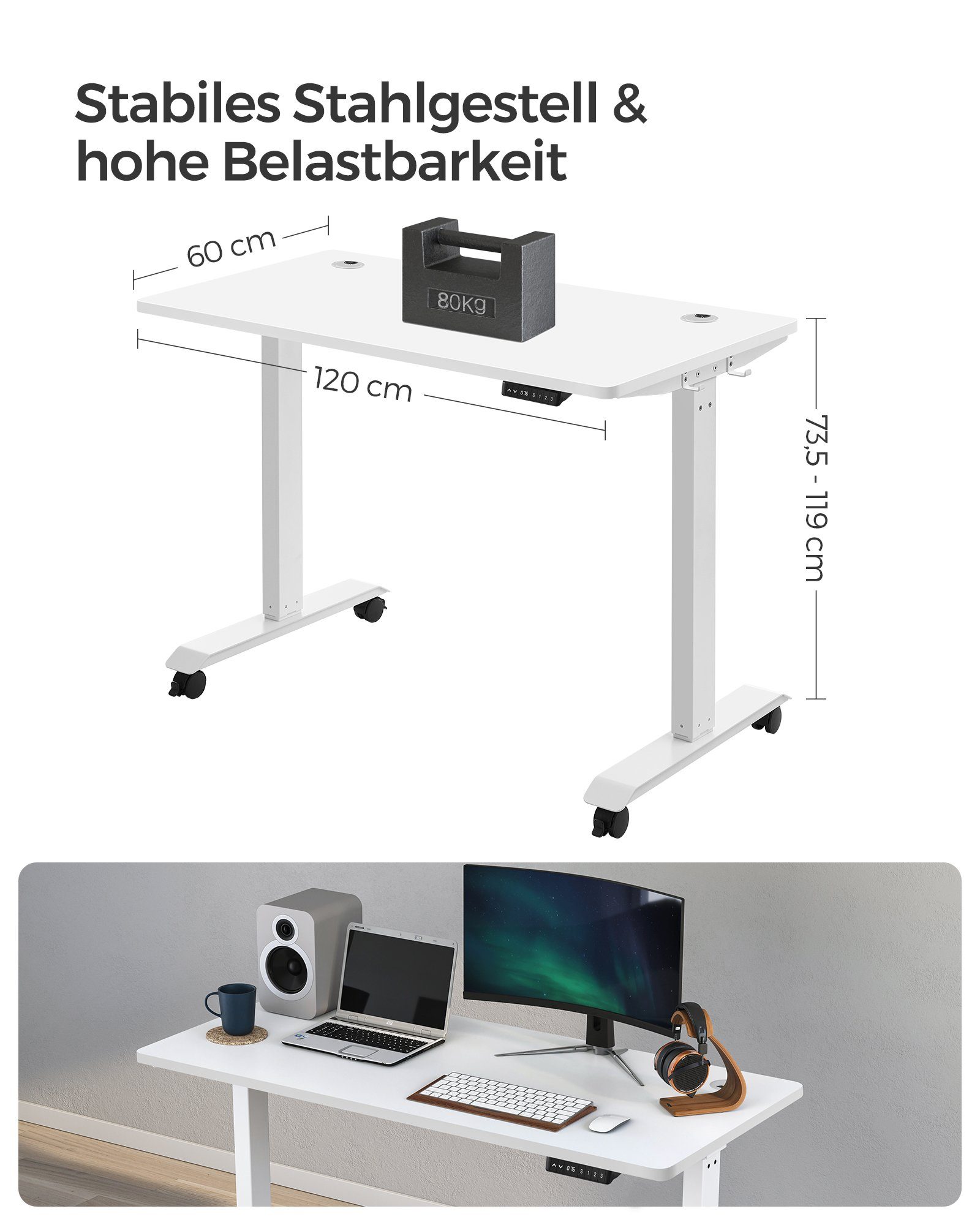 Bürotisch Weiß Schreibtisch | | elektrisch SONGMICS höhenverstellbar 120/140cm, Weiß USB Weiß