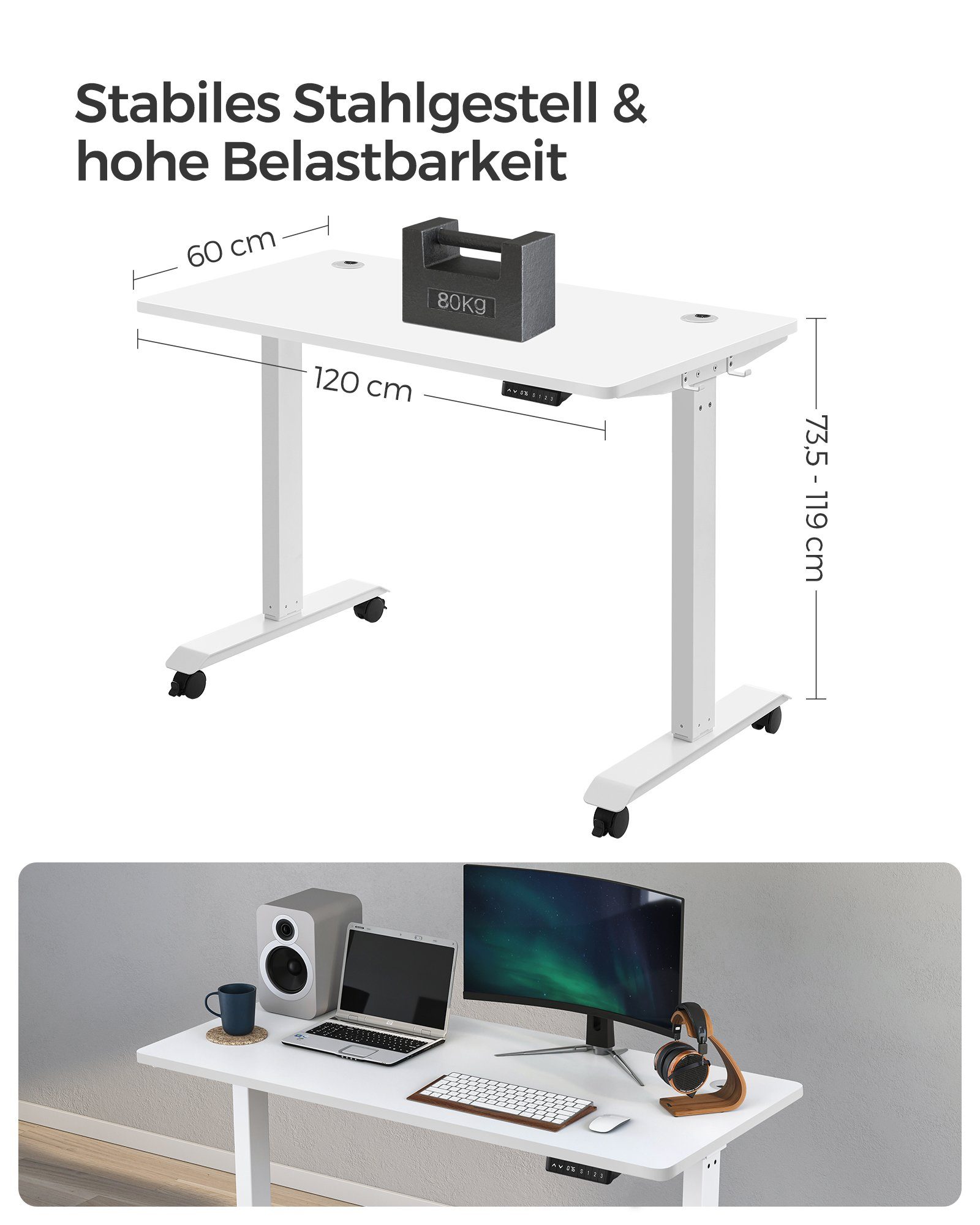 USB Weiß | höhenverstellbar Weiß elektrisch Bürotisch Schreibtisch 120/140cm, | Weiß SONGMICS