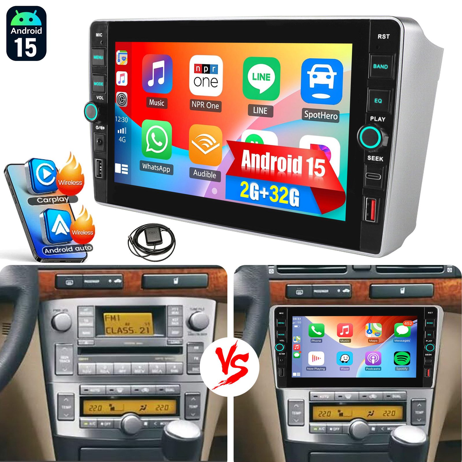 ESSGOO 8"Autoradio Für Toyota Avensis T25 2002-2008 Android15 Carplay GPS RDS Autoradio (RDS, Digitalradio (DAB), FM, USB- und Type-C, DAB+ (optional), Apple Carplay Android Auto GPS Navi WIFI BT EQ mit USB- und Type-C)