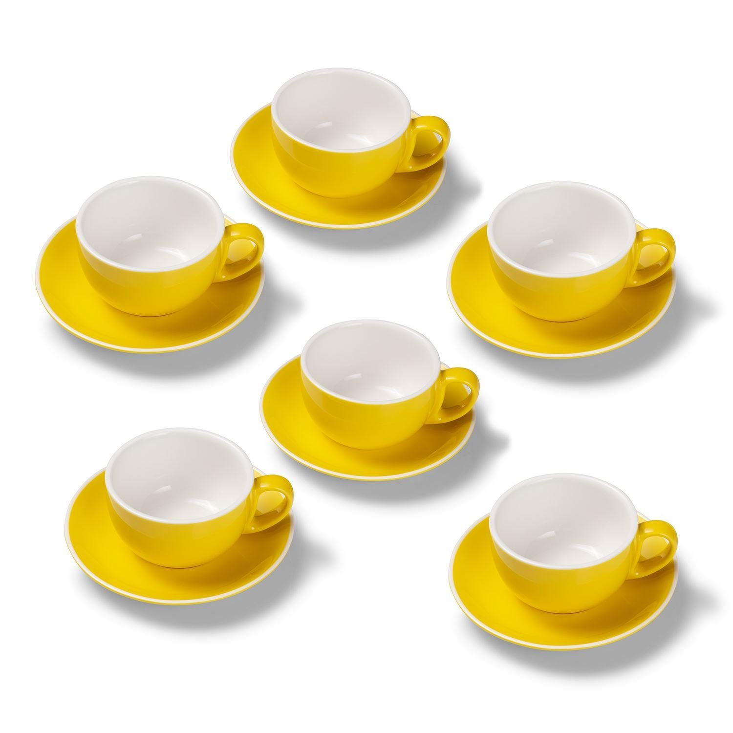 Tasse 6er Milchkaffeetassen-Set, Gelb glossy 350 ml mit Untertasse, Porzellan, spülmaschinenfest,extra dickwandig