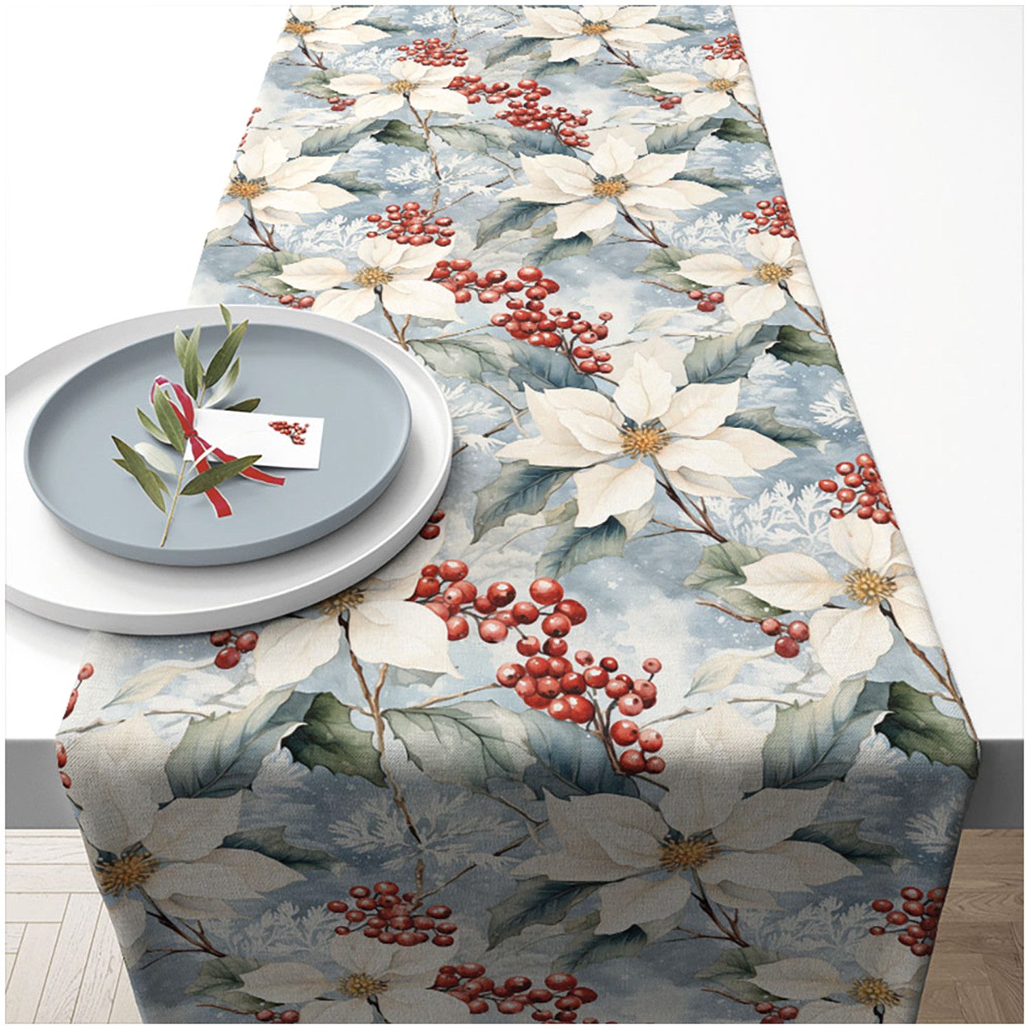 Ambiente® Tischläufer Winter poinsettia (1-tlg, 1-teilig), Tischläufer Tischdecke ca.40x150cm Baumwolle