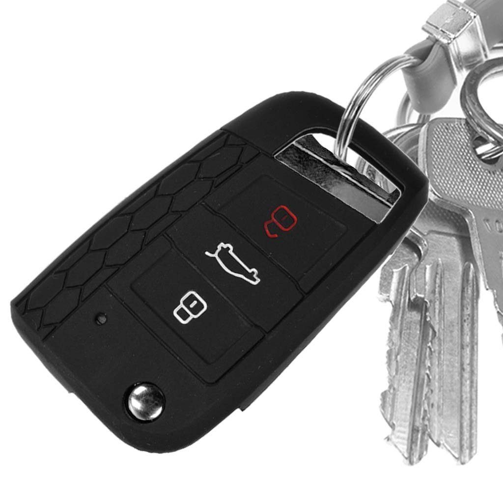 mt-key Schlüsseltasche Autoschlüssel Softcase Silikon Schutzhülle Schwarz, für VW Polo Golf 7 VII GTI GTD GTE R 3 Tasten Klappschlüssel