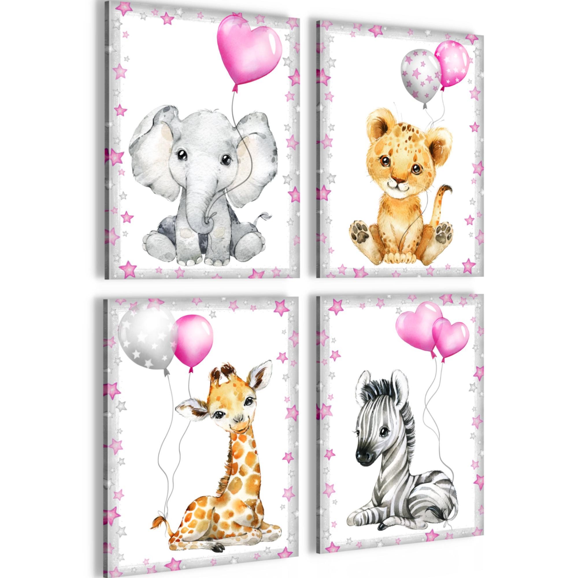 Novart Wandbild Kinderzimmer Wandbilder Set Tiere - 4 Bilder 30x40 cm Aufhängfertig, Pink