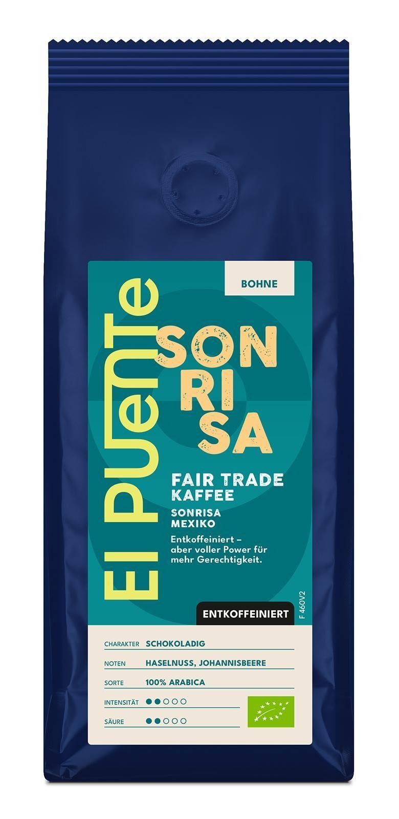El Puente Kaffee Sonrisa - Bio-Kaffeebohnen 250 g entkoffeiniert, Fair Trade, Vegan, Handmade