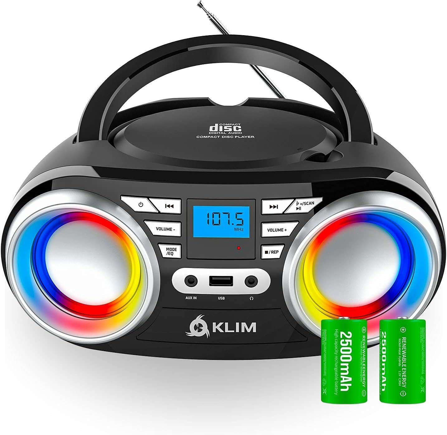 KLIM Boombox B3 Stereo-CD Player (Tragbarer CD Player, FM Radio, MP3, kabelloser Betrieb mit wiederaufladbaren Akku, Digitaler EQ)