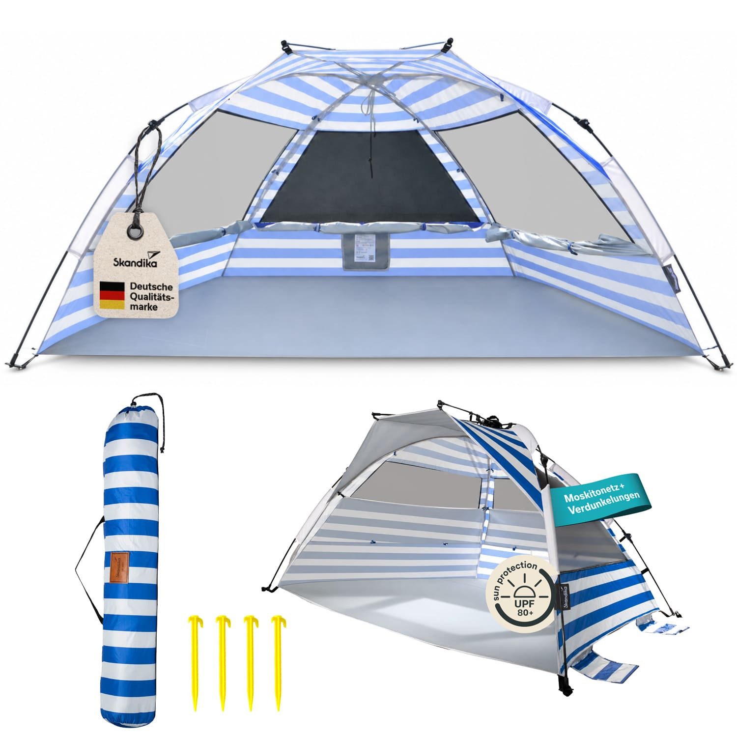 Skandika Strandmuschel Skal, Quick-Start Strandzelt, UV-Schutz 80+, Windschutz, (Moskitonetz, Verdunkelung, Organizer-Tasche, Sandtaschen), 360° Mesh-Panoramafenster, Sonnenschutz, Quick-Start-Mechanismus