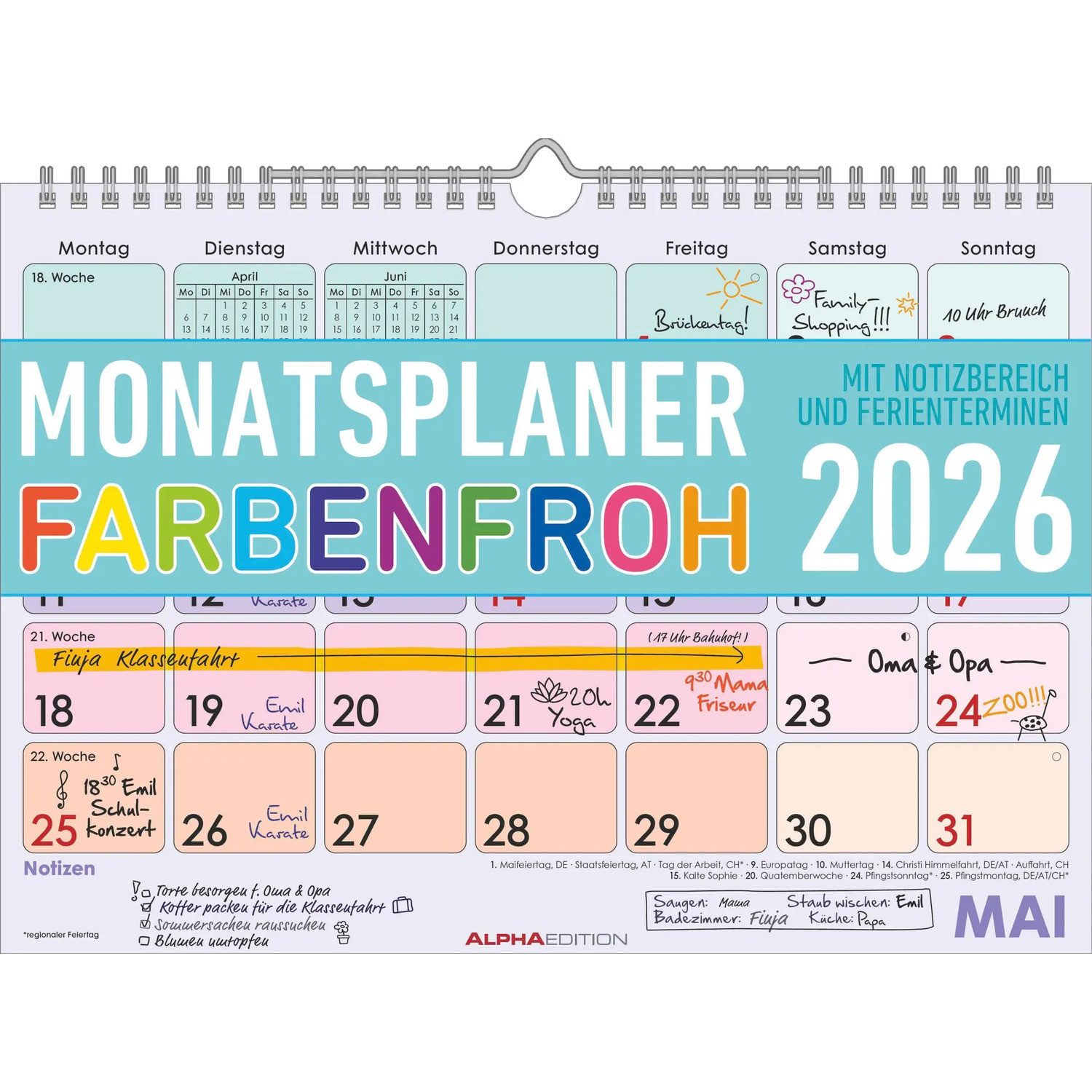 NEUMANN Wandkalender Monatsplaner Farbenfroh 2026 29,7x21 1M/1S