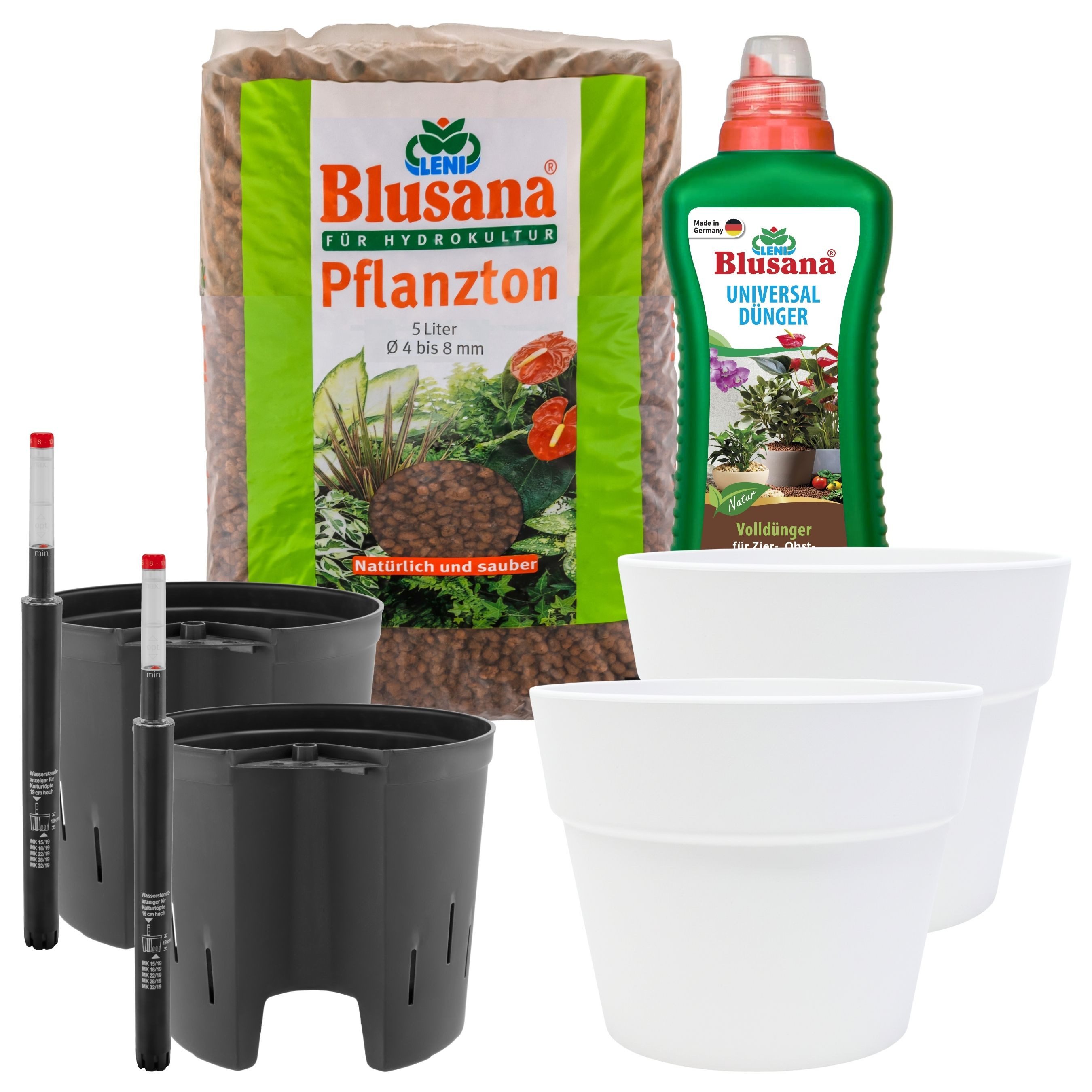 LENI Blumentopf "Classic" Hydrokultur Komplett-Set Selbst-Bewässerungssystem (Hydrokultur-Set, 2 St., Übertopf, Kulturtopf, Gießanzeige + 1 x 5L Substrat & 1L Dünger), Wasserdichtes Pflanzgefäß für Indoor & Outdoor