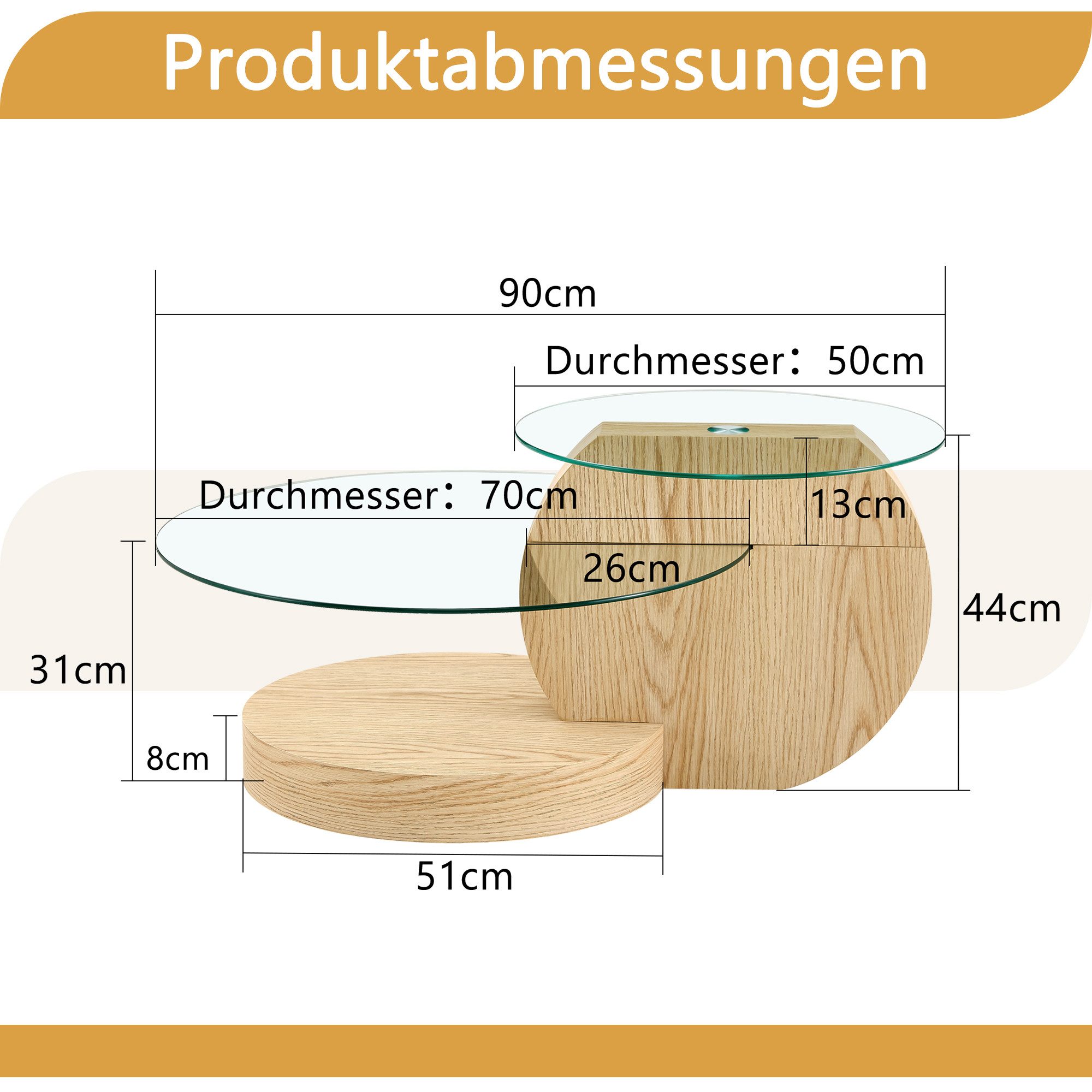 gopop Couchtisch 2er Set, Rundes Glas-Beistelltisch Wohnzimmertisch mit Stauraum, 6 mm Hartglasplatten, MDF-Basis, 90x70 cm