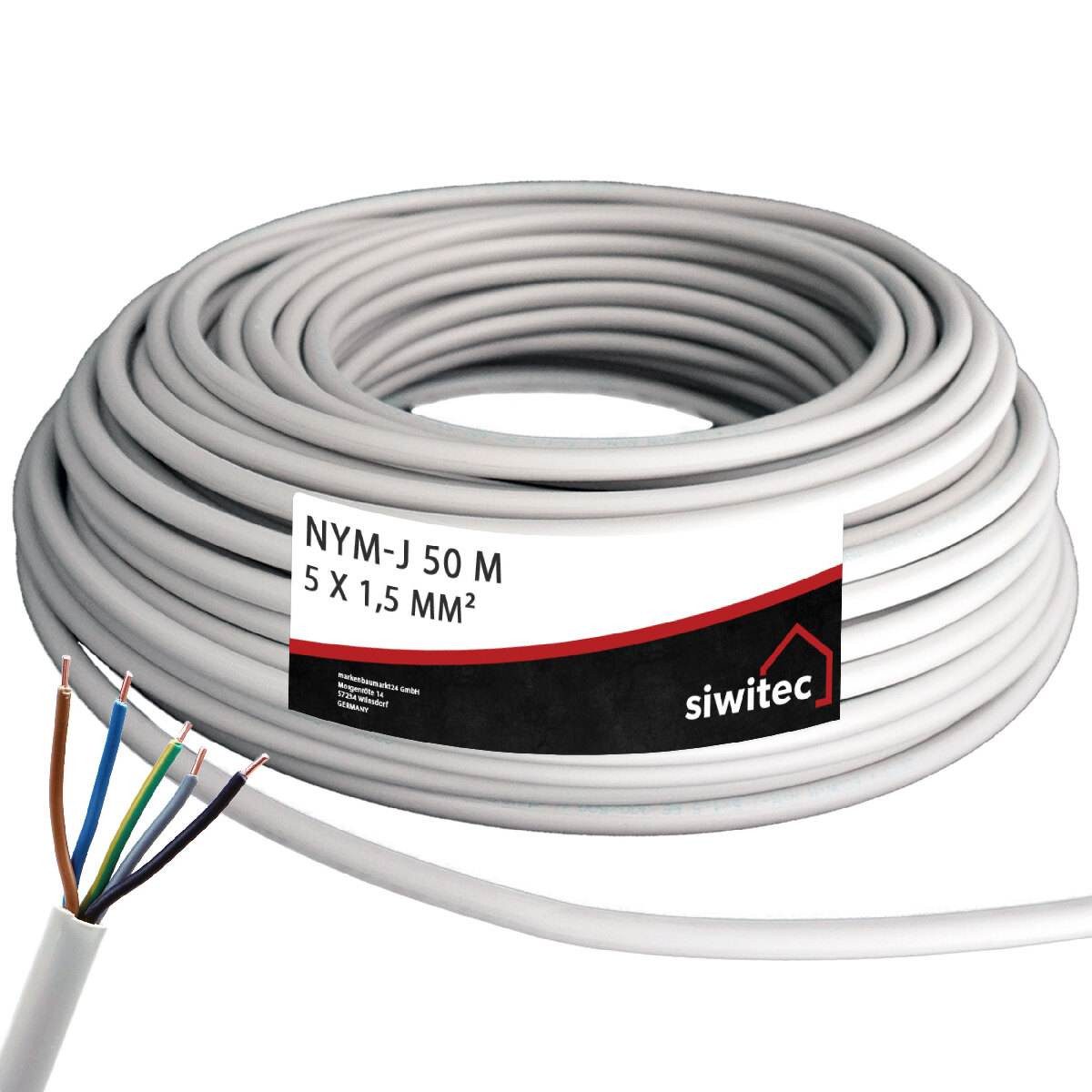 siwitec Kabel, J 5 x 1,5 mm2, 50 m Kabelring, Installationskabel, Mantelleitun Stromkabel, (5000 cm)