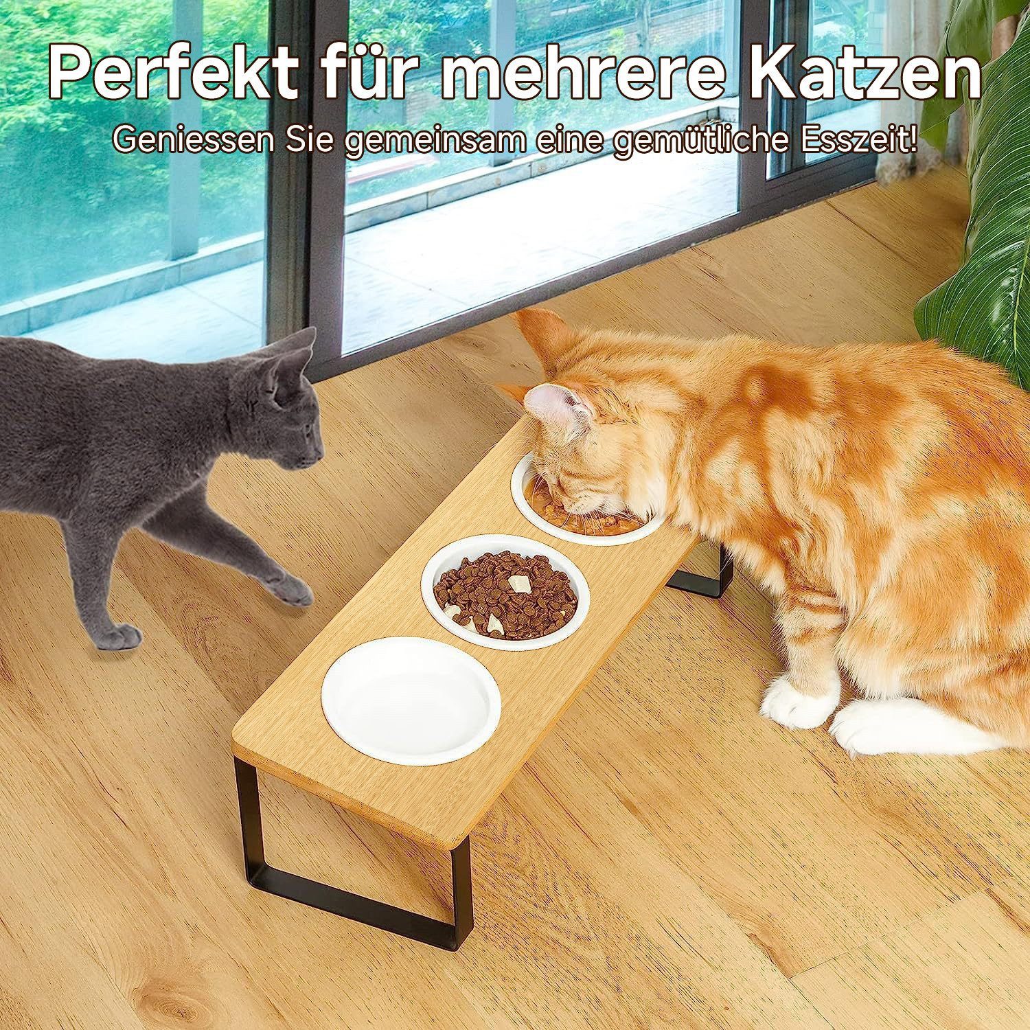 Rywell Futternapf Hundenapf & Katzennapf Futterstation aus Bambus mit Metallgestell, Keramik, 3 Keramiknäpfe à 213ml, Rutschfest, Ergonomisch, Leicht zu Reinigen