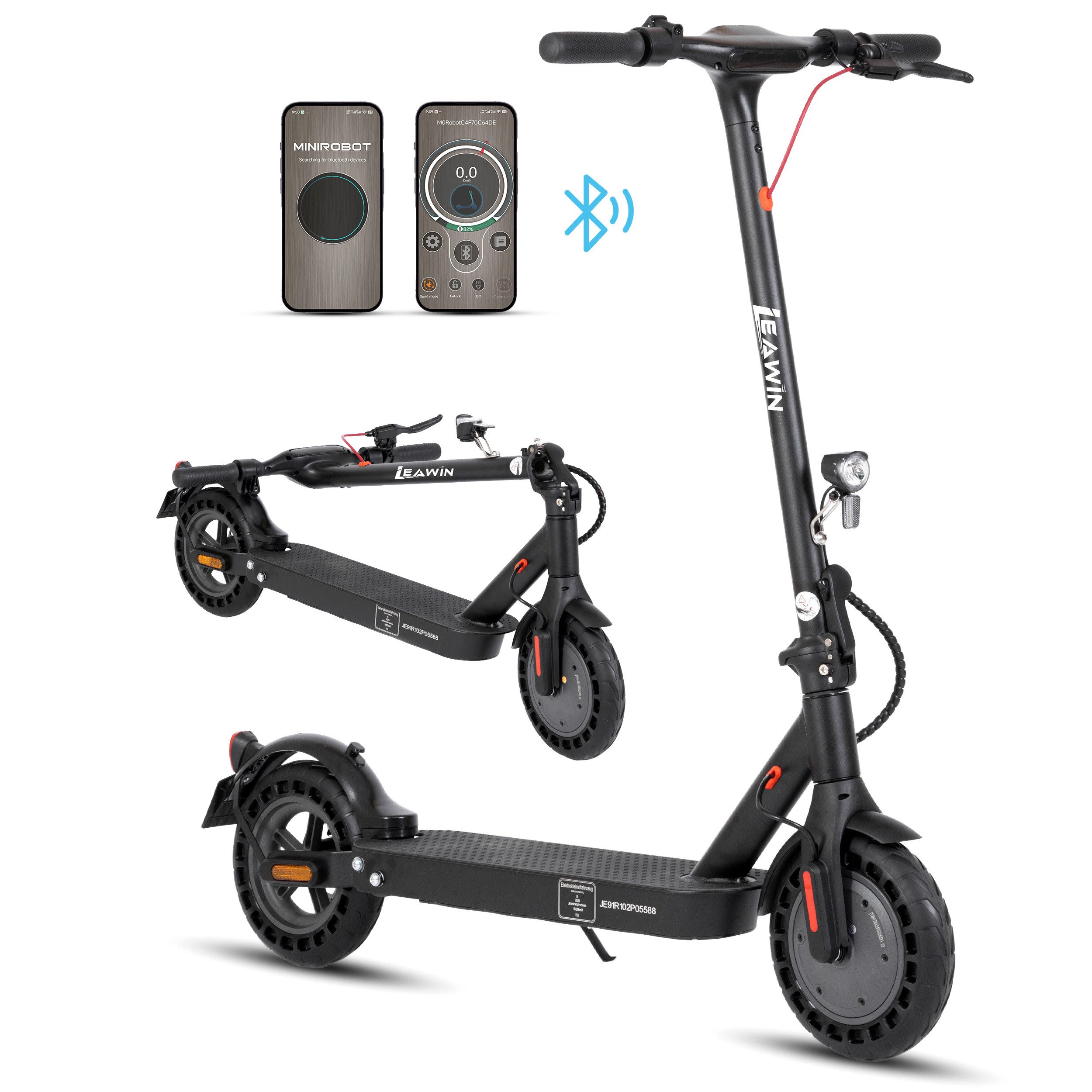 Leawin E-Scooter 10'' mit Straßenzulassung, klappbarer E-roller, APP, Stoßdämpfer, 50km, 500 W, 20 km/h, (mit ABE, 10'' pannensicherer Vollgummireifen), Elektroroller, E-ABS+Scheibenbremse, max.120kg, klappbar, ab 14 Jahre