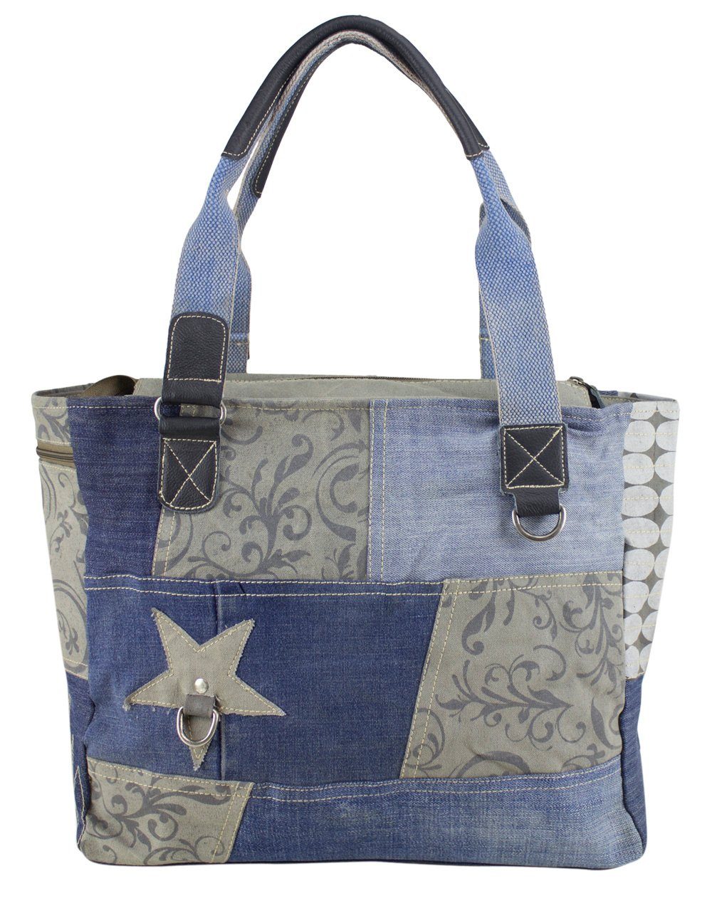 Sunsa Handtasche Damen Handtasche. Große Schultertasche aus recycelte Jeans und grau Canvas. Tasche 52226, recycelte Materialien