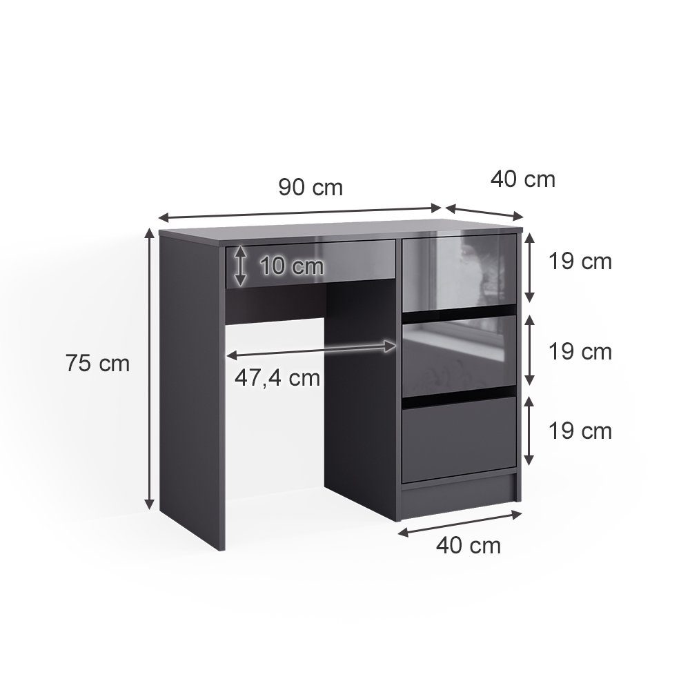 Vicco Schminktisch Sherry, Anthrazit Hochglanz, 90 cm mit 4 Schubladen (1-St)