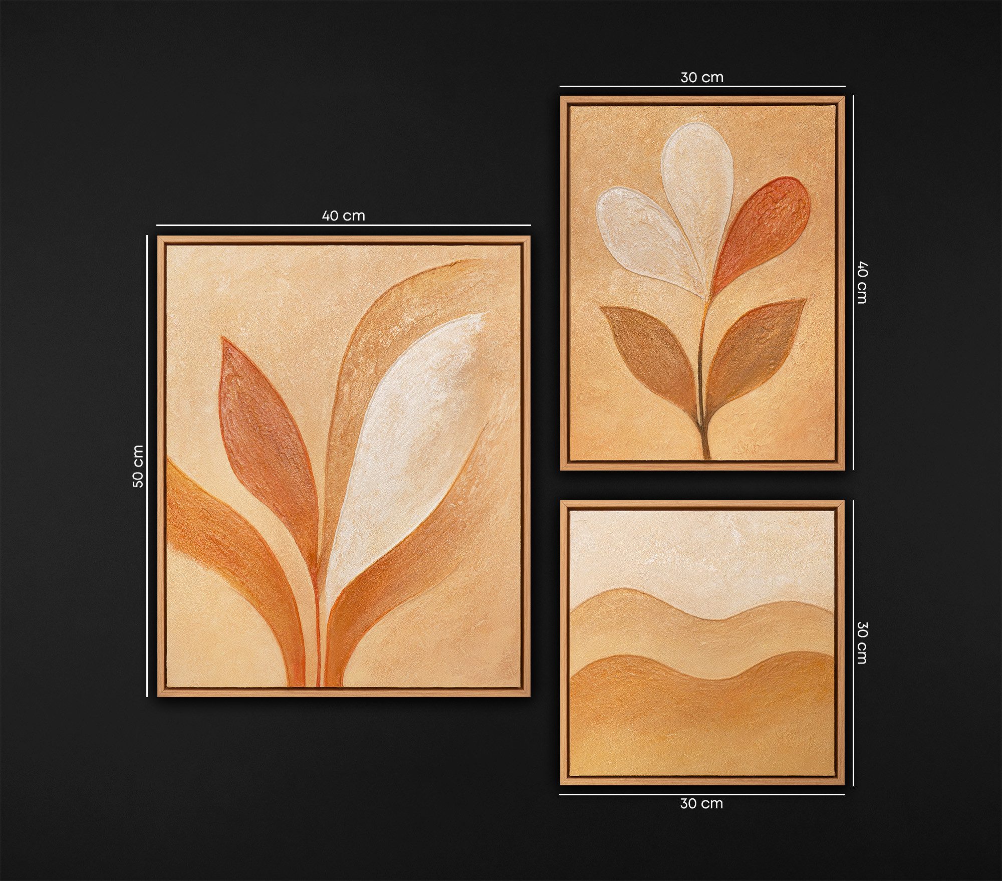 YS-Art Gemälde "Flüstern des Laubs", Pflanzen (Set, 3 St), Modernes Wandbilder Set mit Naturmotiven Leinwandbilder set mit rahmen