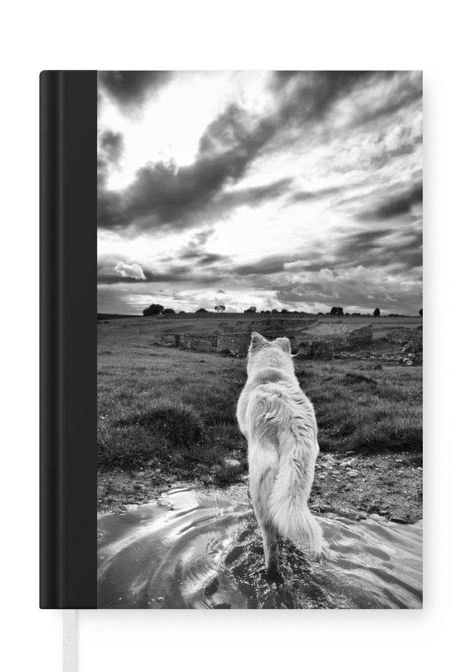 MuchoWow Notizbuch Wolf mit Blick auf die Landschaft in Schwarz und Weiß, Journal, Merkzettel, Tagebuch, Notizheft, A5, 98 Seiten, Haushaltsbuch
