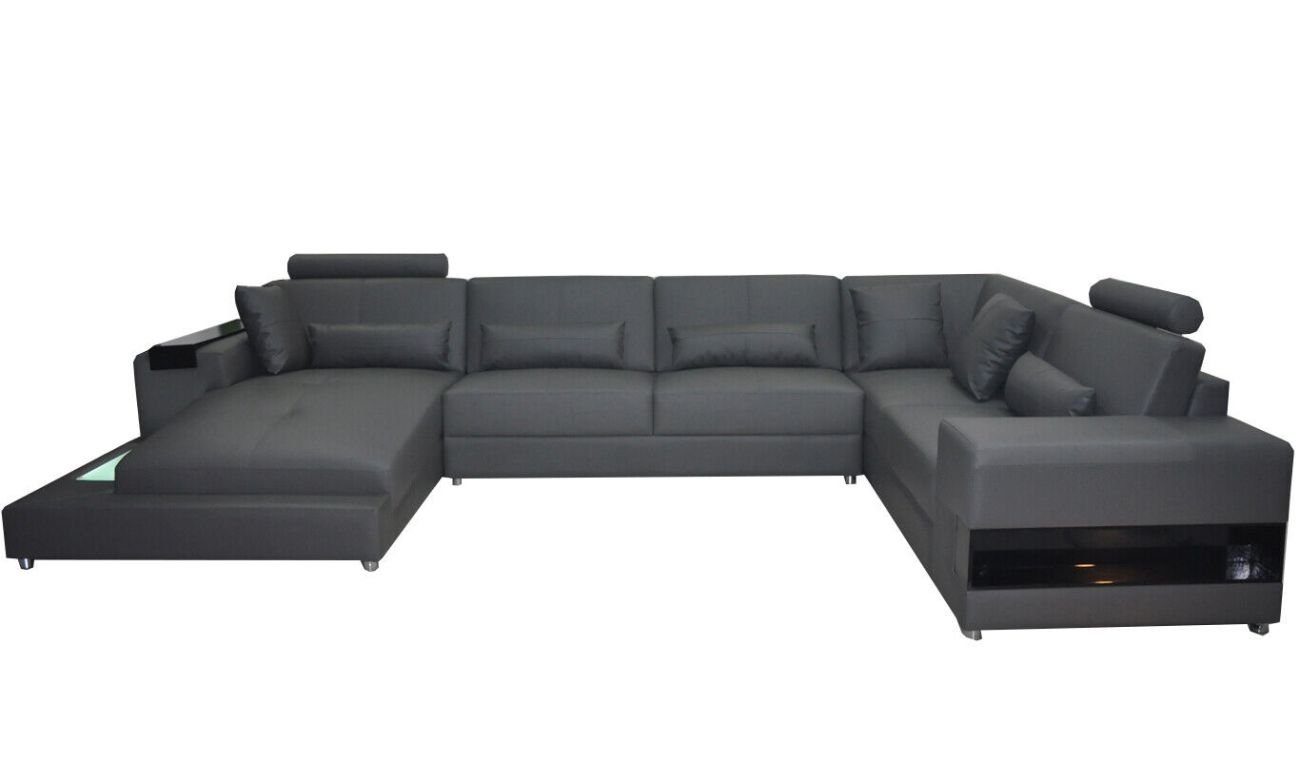 JVmoebel Ecksofa Ledersofa Couch Wohnlandschaft Eck Garnitur Modern Sofa U-Form mit USB Grau | Ecksofas