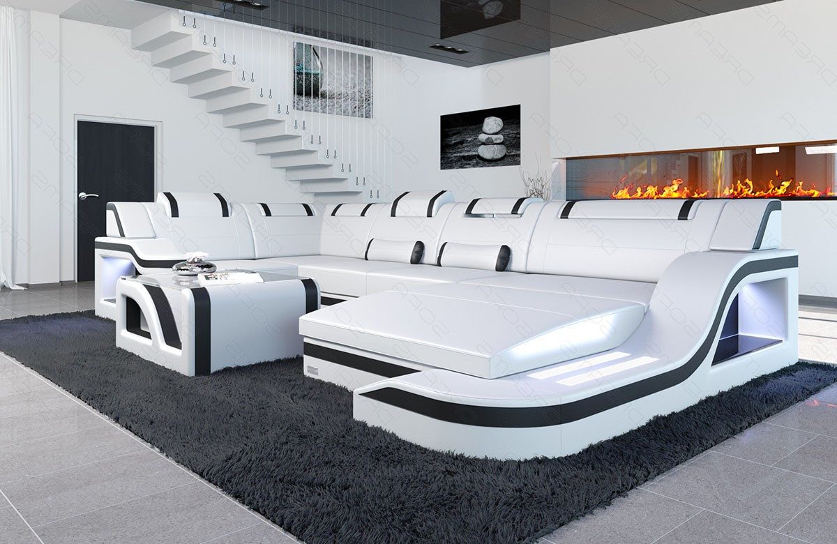 Sofa Dreams Wohnlandschaft Ledersofa Palermo U Form Mini, Designersofa Couch, mit LED Licht und USB Anschluss