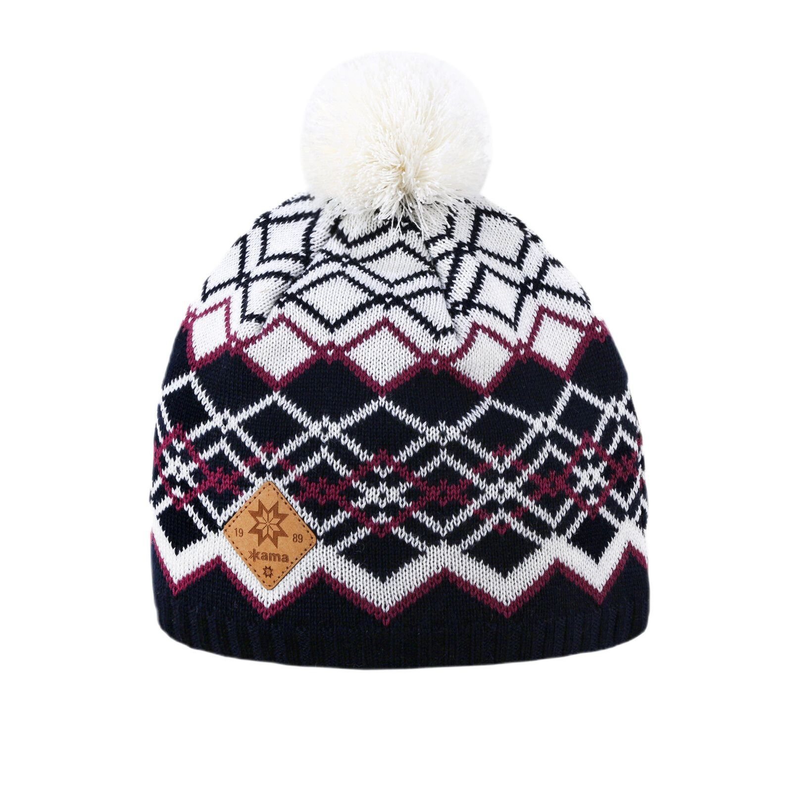 Strickmütze (Bommel) A172 Merino - Damen navyblau/weiss- 1 Stück