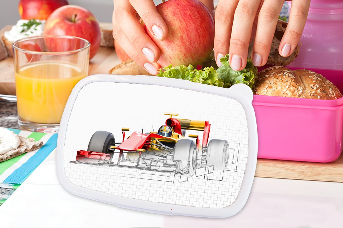 der 1 Kunststoff Rennwagen Erwachsene, Formel (2-tlg), Kunststoff, Kinder, Ein einer Mädchen, roter Snackbox, Brotbox Illustration, MuchoWow in für Lunchbox rosa aus Brotdose