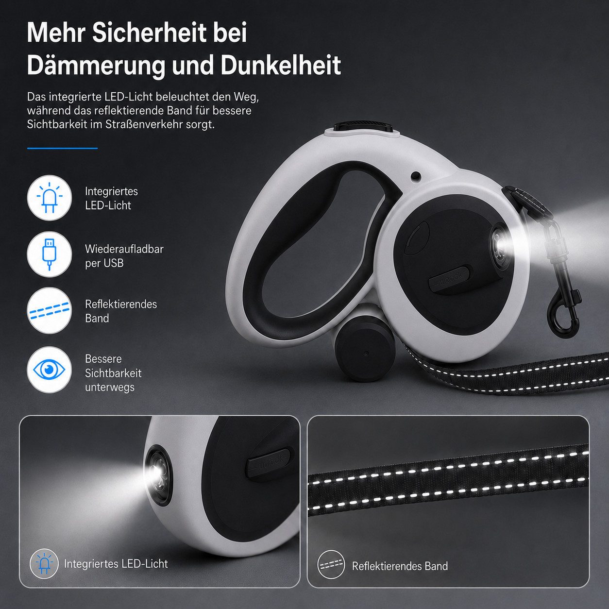 Tekoo Rollleine Hund 5m mit LED Licht & Kotbeutelspender, bis 30kg, (Packung), 4-in-1 System, Reflektierendes Band, Wiederaufladbar