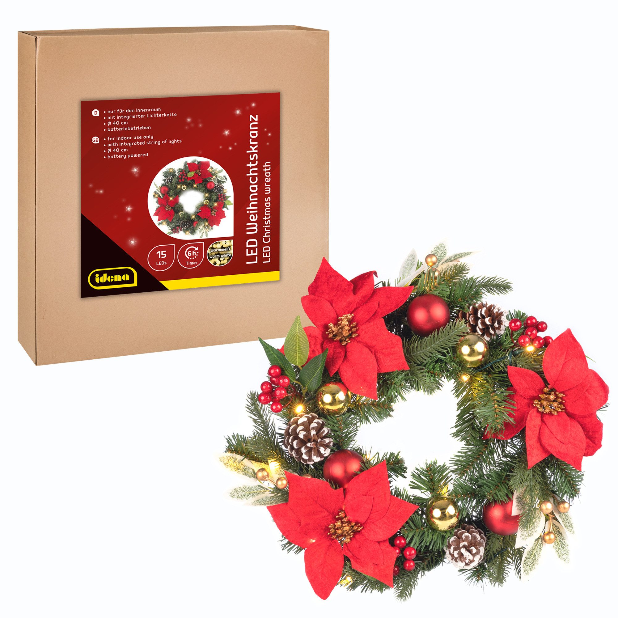 Idena Adventskranz Idena Weihnachtskranz 15 LED 6h Timer Ø40cm batteriebetrieben warmweiß