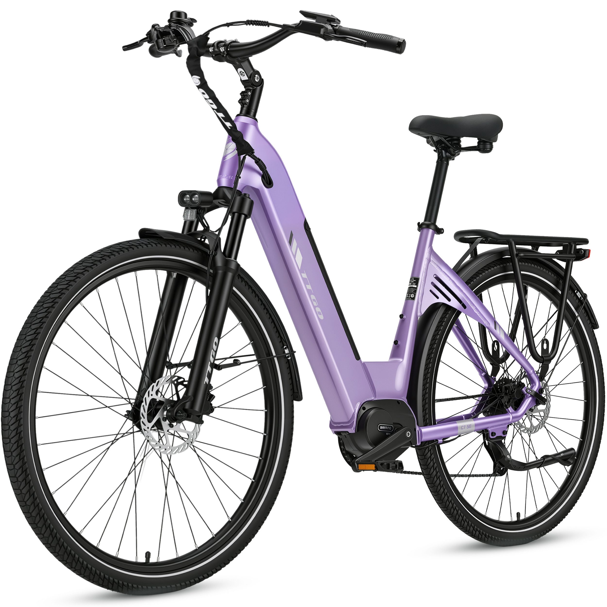TTGO E-Bike Cityrad 28 Zoll, 75Nm Mittelmotor, 650Wh bis zu 140km, Lockout-Federgabel, 9 Gang Shimano, Kettenschaltung, Mittelmotor, 650 Wh, (Pedelec, Farb-LCD-Display, Hydr. Scheibenbremse, Tiefeinstieg), C7 SE, Drehmomentsensor, Elektrofahrrad für Damen