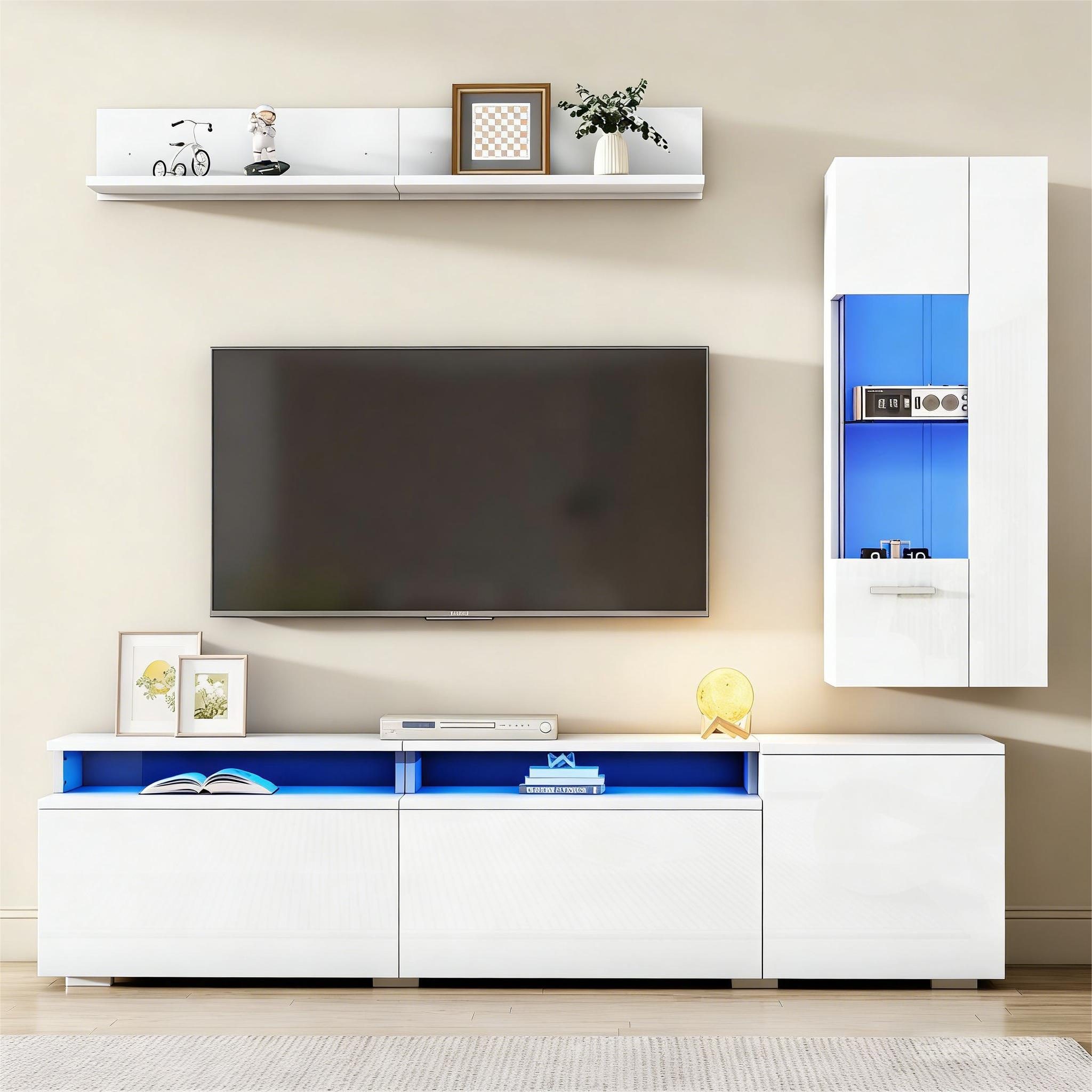 KLAM HOME Wohnwand 3-tlg. TV Wohnwand Set Weiß Hochglanz mit LED, (Wohnzimmer Möbel Set für TV bis 80 Zoll), TV Schrank + Vitrine + Hängeregal mit Beleuchtung