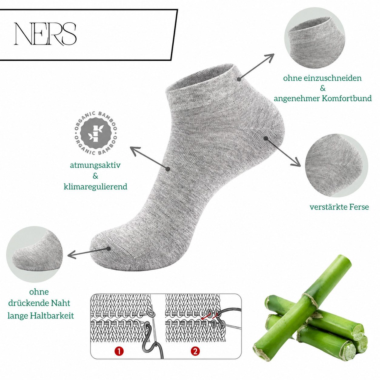 NERS Kurzsocken aus Bambus (10 Paar) Damen & Herren, ohne drückende Naht, ohne Gummi (10-Paar, 10 Paar) Bambussocken - Atmungsaktiv - Naturfreundlich - gegen Schweißfüße