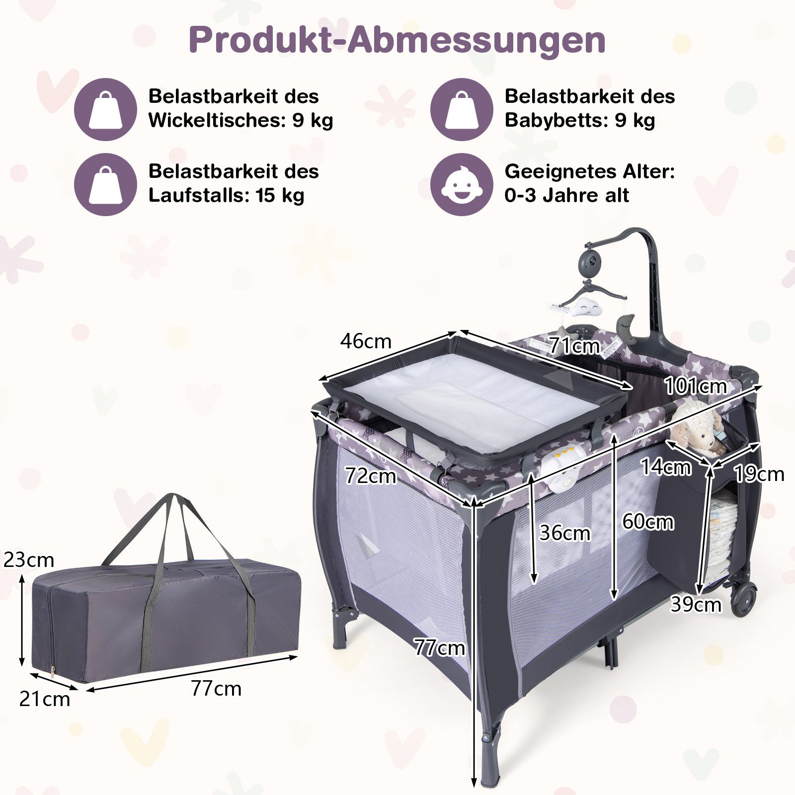 COSTWAY Beistellbett, 3 in 1 Wicketisch Laufstall, mit Matratze