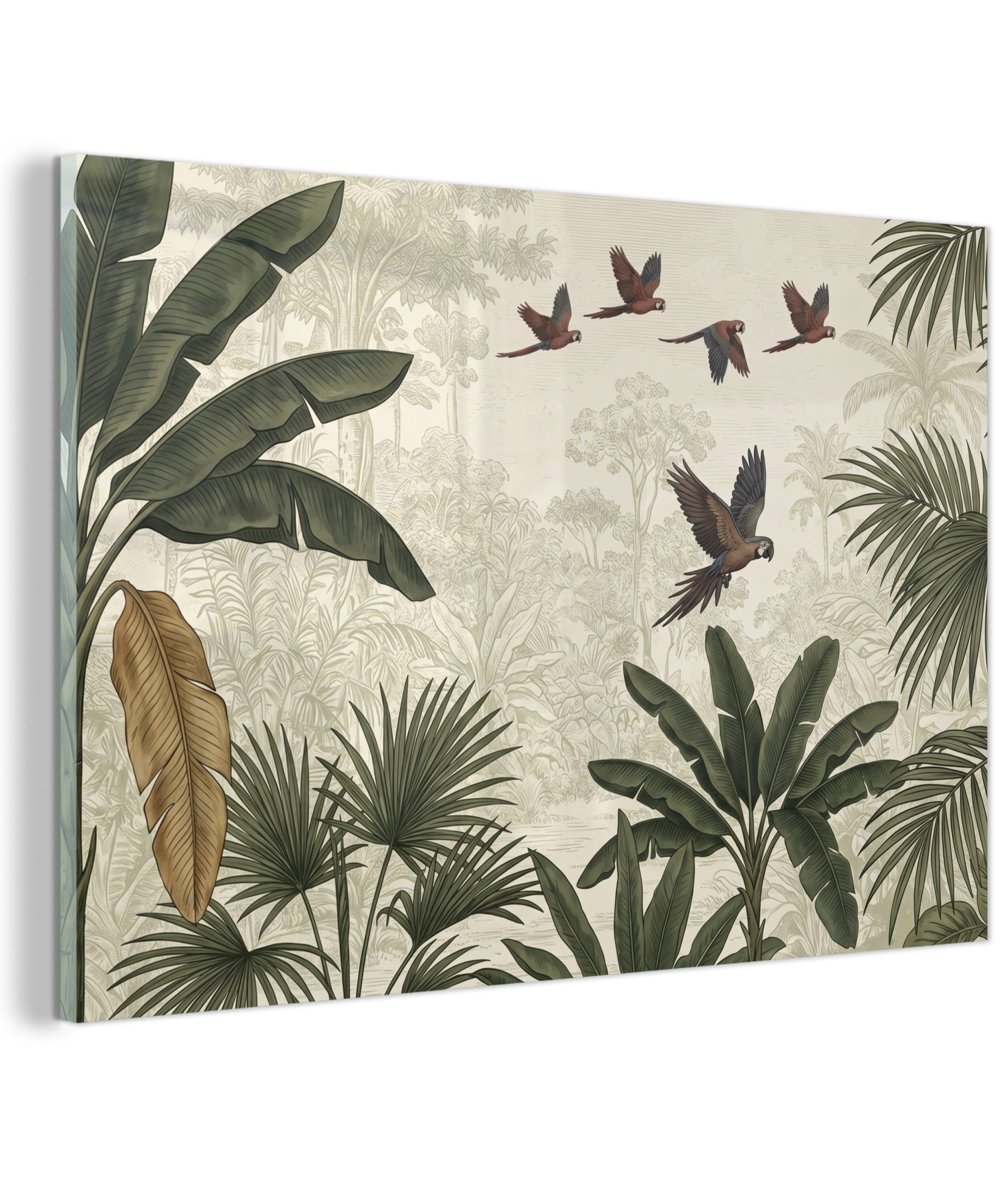 MuchoWow Acrylglasbild Papageien - Dschungel - Tropisch - Grün, Inkl. Aufhängung, Glasbilder Wohnzimmer, Schlafzimmer, Flur & Esszimmer, 30x20 cm