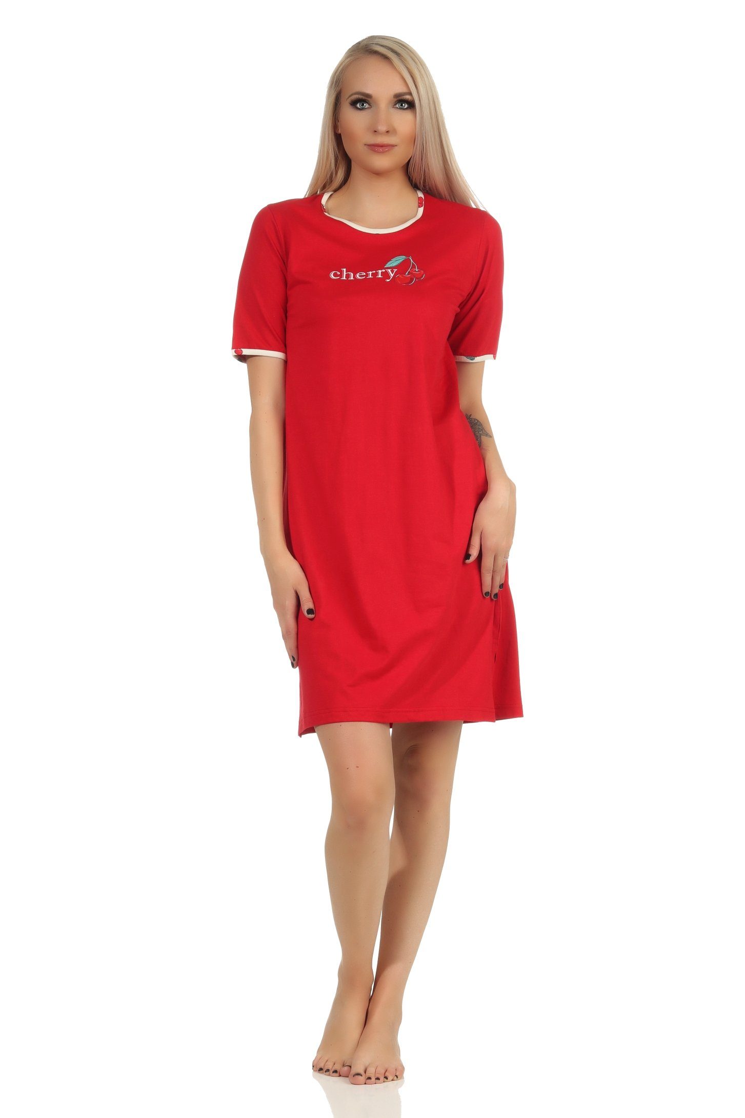 Süsses Motiv Nachthemd 535 mit 112 – Nachthemd Damen als Normann Kirschen kurzarm rot
