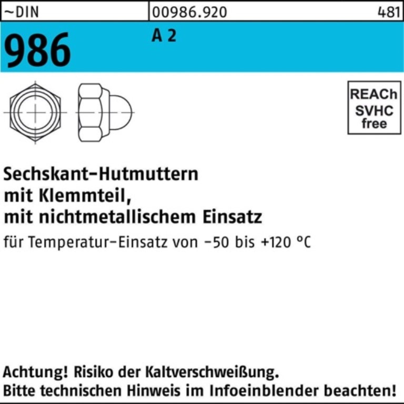 Reyher Hutmutter 100er Pack Sechskanthutmutter DIN 986 Klemmteil M6 A 2 100 Stück ~DIN