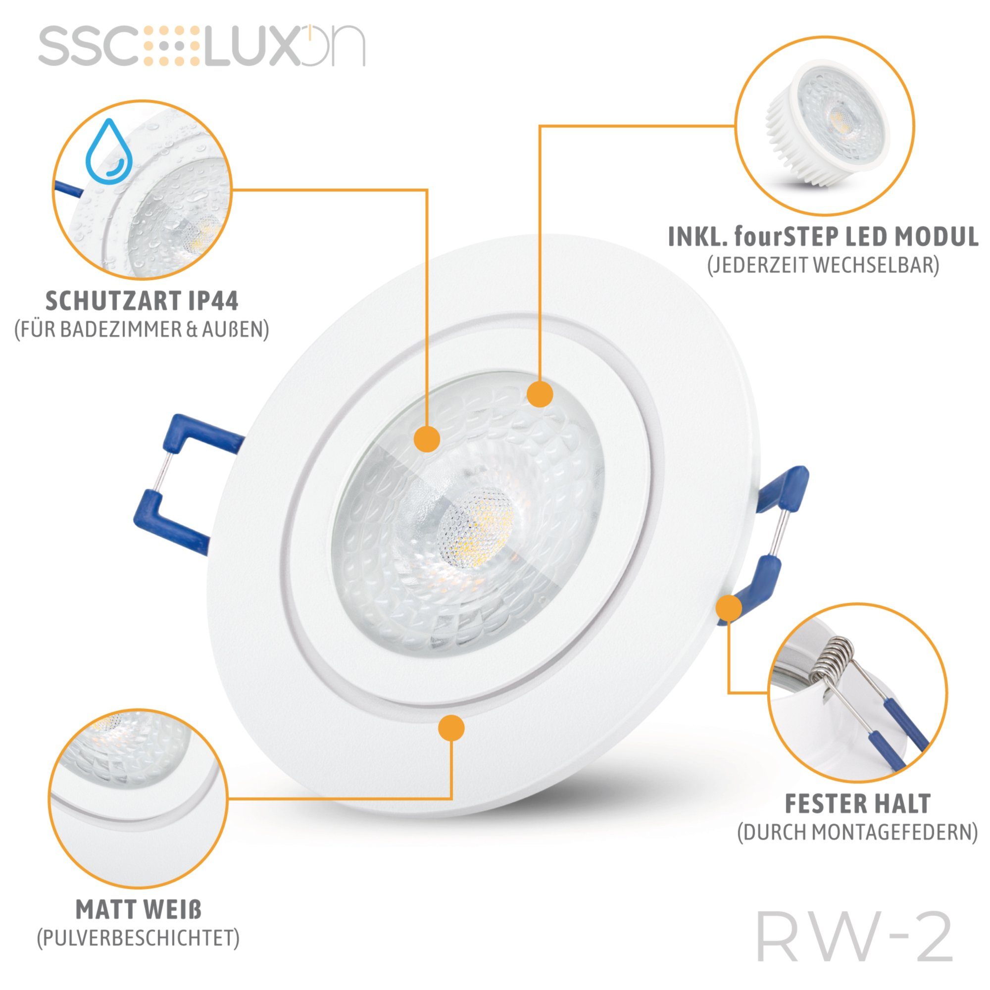 rund RW-2 SSC-LUXon Außen-Deckenleuchte flach LED fourSTEP Neutralweiß mit Bad Modul, weiss Einbauleuchte IP44 &