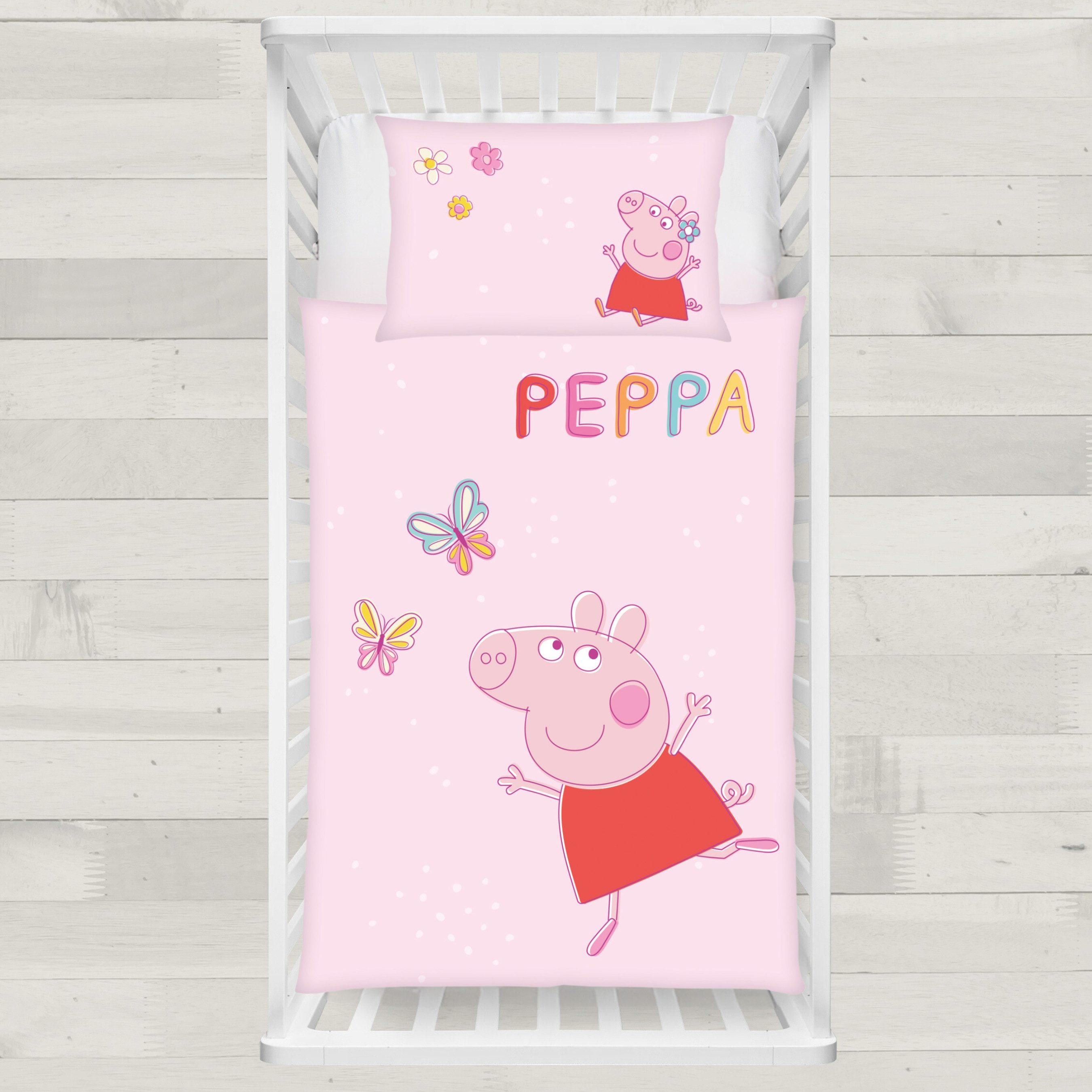 MTOnlinehandel Kinderbettwäsche Peppa Pig 100x135 + 40x60 cm, 100 % Baumwolle, 2 teilig, Babybettwäsche, Wende-Motiv mit Peppa Wutz, Schmetterling, rosa