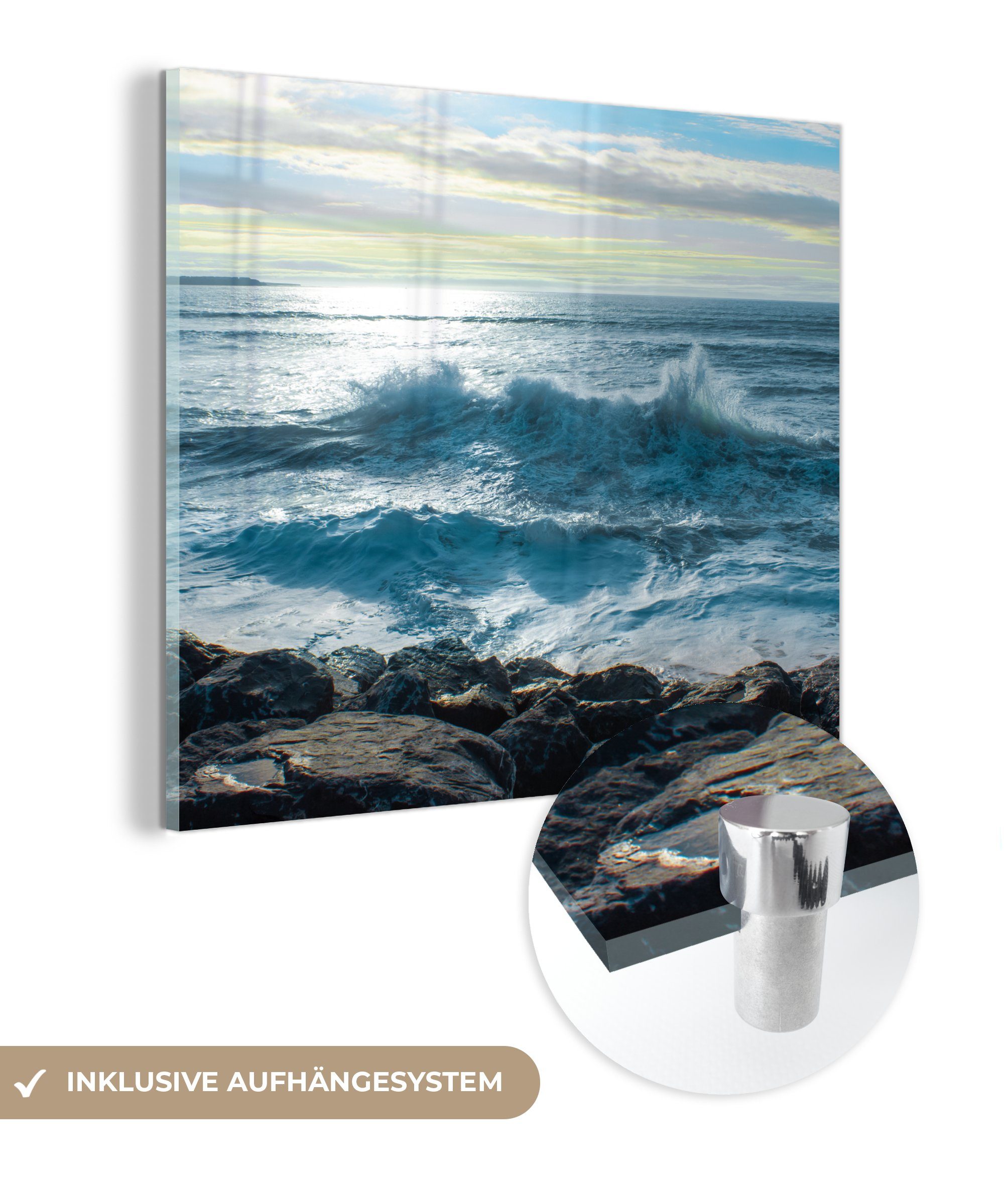 MuchoWow Acrylglasbild Meer - Steine - Sonne, (1 St), Glasbilder - Bilder auf Glas Wandbild - Foto auf Glas - Wanddekoration bunt